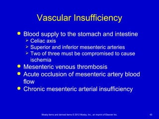 Mosby items and derived items © 2012 Mosby, Inc., an imprint of Elsevier Inc. 45
Vascular Insufficiency
 Blood supply to the stomach and intestine
 Celiac axis
 Superior and inferior mesenteric arteries
 Two of three must be compromised to cause
ischemia
 Mesenteric venous thrombosis
 Acute occlusion of mesenteric artery blood
flow
 Chronic mesenteric arterial insufficiency
 