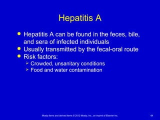 Mosby items and derived items © 2012 Mosby, Inc., an imprint of Elsevier Inc. 64
Hepatitis A
 Hepatitis A can be found in the feces, bile,
and sera of infected individuals
 Usually transmitted by the fecal-oral route
 Risk factors:
 Crowded, unsanitary conditions
 Food and water contamination
 