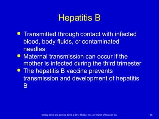 Mosby items and derived items © 2012 Mosby, Inc., an imprint of Elsevier Inc. 65
Hepatitis B
 Transmitted through contact with infected
blood, body fluids, or contaminated
needles
 Maternal transmission can occur if the
mother is infected during the third trimester
 The hepatitis B vaccine prevents
transmission and development of hepatitis
B
 