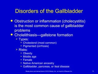 Mosby items and derived items © 2012 Mosby, Inc., an imprint of Elsevier Inc. 73
Disorders of the Gallbladder
 Obstruction or inflammation (cholecystitis)
is the most common cause of gallbladder
problems
 Cholelithiasis—gallstone formation
 Types:
• Cholesterol (most common)
• Pigmented (cirrhosis)
 Risks:
• Obesity
• Middle age
• Female
• Native American ancestry
• Gallbladder, pancreas, or ileal disease
 