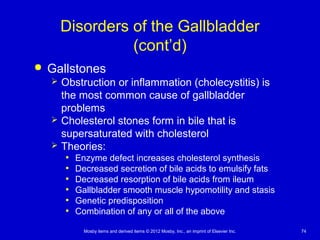 Mosby items and derived items © 2012 Mosby, Inc., an imprint of Elsevier Inc. 74
Disorders of the Gallbladder
(cont’d)
 Gallstones
 Obstruction or inflammation (cholecystitis) is
the most common cause of gallbladder
problems
 Cholesterol stones form in bile that is
supersaturated with cholesterol
 Theories:
• Enzyme defect increases cholesterol synthesis
• Decreased secretion of bile acids to emulsify fats
• Decreased resorption of bile acids from ileum
• Gallbladder smooth muscle hypomotility and stasis
• Genetic predisposition
• Combination of any or all of the above
 