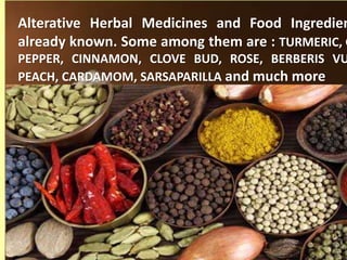 Alterative Herbal Medicines and Food Ingredien
already known. Some among them are : TURMERIC, G
PEPPER, CINNAMON, CLOVE BUD, ROSE, BERBERIS VU
PEACH, CARDAMOM, SARSAPARILLA and much more
 