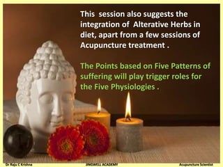 This session also suggests the
integration of Alterative Herbs in
diet, apart from a few sessions of
Acupuncture treatment .
The Points based on Five Patterns of
suffering will play trigger roles for
the Five Physiologies .
Dr Raju C Krishna JINGWELL ACADEMY Acupuncture Scientist
 