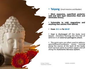 • Taiyang (Small Intestine and Bladder)
• Most expansive, superficial posterior
cold and dark layer (Quenches Heat and
eliminates Stress).
• Vulnerable to cold, stagnations and
anything that catches from behind.
• From SI 1 –> To UB 67
• Heat is discharged off the body (and
blood) - therefore forming the first line of
defense in an external pathogenic attack.
• The point pairs are often used to address
pain/stiffness/numbness issues running
along the course of the back of the body,
from cervical spine to lumbar region and all
along the Autonomic Nervous System.
Dr Raju C Krishna JINGWELL ACADEMY
Acupuncture Scientist
 