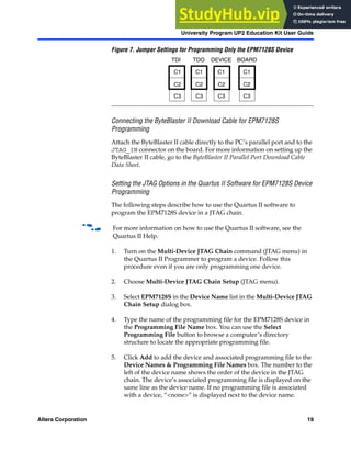 Altera Corporation 19
University Program UP2 Education Kit User Guide
Figure 7. Jumper Settings for Programming Only the EPM7128S Device
Connecting the ByteBlaster II Download Cable for EPM7128S
Programming
Attach the ByteBlaster II cable directly to the PC’s parallel port and to the
JTAG_IN connector on the board. For more information on setting up the
ByteBlaster II cable, go to the ByteBlaster II Parallel Port Download Cable
Data Sheet.
Setting the JTAG Options in the Quartus II Software for EPM7128S Device
Programming
The following steps describe how to use the Quartus II software to
program the EPM7128S device in a JTAG chain.
f For more information on how to use the Quartus II software, see the
Quartus II Help.
1. Turn on the Multi-Device JTAG Chain command (JTAG menu) in
the Quartus II Programmer to program a device. Follow this
procedure even if you are only programming one device.
2. Choose Multi-Device JTAG Chain Setup (JTAG menu).
3. Select EPM7128S in the Device Name list in the Multi-Device JTAG
Chain Setup dialog box.
4. Type the name of the programming file for the EPM7128S device in
the Programming File Name box. You can use the Select
Programming File button to browse a computer’s directory
structure to locate the appropriate programming file.
5. Click Add to add the device and associated programming file to the
Device Names & Programming File Names box. The number to the
left of the device name shows the order of the device in the JTAG
chain. The device’s associated programming file is displayed on the
same line as the device name. If no programming file is associated
with a device, “<none>” is displayed next to the device name.
C1
C2
C3 C3 C3 C3
C2 C2 C2
C1 C1 C1
TDI TDO DEVICE BOARD
 