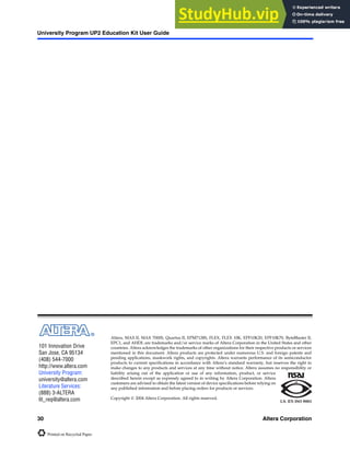 Altera, MAX II, MAX 7000S, Quartus II, EPM7128S, FLEX, FLEX 10K, EPF10K20, EPF10K70, ByteBlaster II,
EPC1, and AHDL are trademarks and/or service marks of Altera Corporation in the United States and other
countries. Altera acknowledges the trademarks of other organizations for their respective products or services
mentioned in this document. Altera products are protected under numerous U.S. and foreign patents and
pending applications, maskwork rights, and copyrights. Altera warrants performance of its semiconductor
products to current specifications in accordance with Altera’s standard warranty, but reserves the right to
make changes to any products and services at any time without notice. Altera assumes no responsibility or
liability arising out of the application or use of any information, product, or service
described herein except as expressly agreed to in writing by Altera Corporation. Altera
customers are advised to obtain the latest version of device specifications before relying on
any published information and before placing orders for products or services.
Copyright © 2004 Altera Corporation. All rights reserved.
101 Innovation Drive
San Jose, CA 95134
(408) 544-7000
http://www.altera.com
University Program:
university@altera.com
Literature Services:
(888) 3-ALTERA
lit_req@altera.com
®
University Program UP2 Education Kit User Guide
30 Altera Corporation
Printed on Recycled Paper.
 