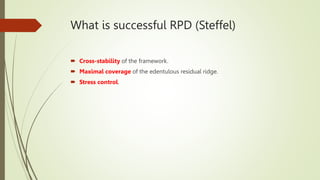 What is successful RPD (Steffel)
 Cross-stability of the framework.
 Maximal coverage of the edentulous residual ridge.
 Stress control.
 