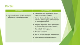 Rectal
ADVANTAGES DISADVANTAGES
 Argued to be more reliable when oral
temperature cannot be obtained.
× Lags behind core temperature during
rapid temperature changes.
× Not for clients with diarrhoea, clients
who had rectal surgery, rectal disorders
or bleeding tendencies.
× Requires positioning and is often source
of client embarrassment and anxiety.
× Risk of body fluid exposure.
× Requires lubrication.
× Not for routine vital signs in new-borns.
× Impacted stool influences readings.
 