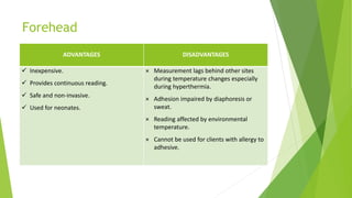 Forehead
ADVANTAGES DISADVANTAGES
 Inexpensive.
 Provides continuous reading.
 Safe and non-invasive.
 Used for neonates.
× Measurement lags behind other sites
during temperature changes especially
during hyperthermia.
× Adhesion impaired by diaphoresis or
sweat.
× Reading affected by environmental
temperature.
× Cannot be used for clients with allergy to
adhesive.
 