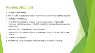 Nursing diagnosis
 DURING CHILL PHASE
1. Risk for altered body temperature as evidenced by shivering and feeling cold
 DURING FEVER PHASE
1. Hyperthermia related to invasion of micro-organisms as evidenced by
increased body temperature > 38.50C, irritability, increased respiratory rate
and dry skin
2. Altered comfort as evidenced by restlessness
3. Altered nutrition related to fever as evidenced by anorexia and lack of food
intake
 DURING FLUSH PHASE
1. Altered fluid and electrolyte balance related to excessive sweating
 