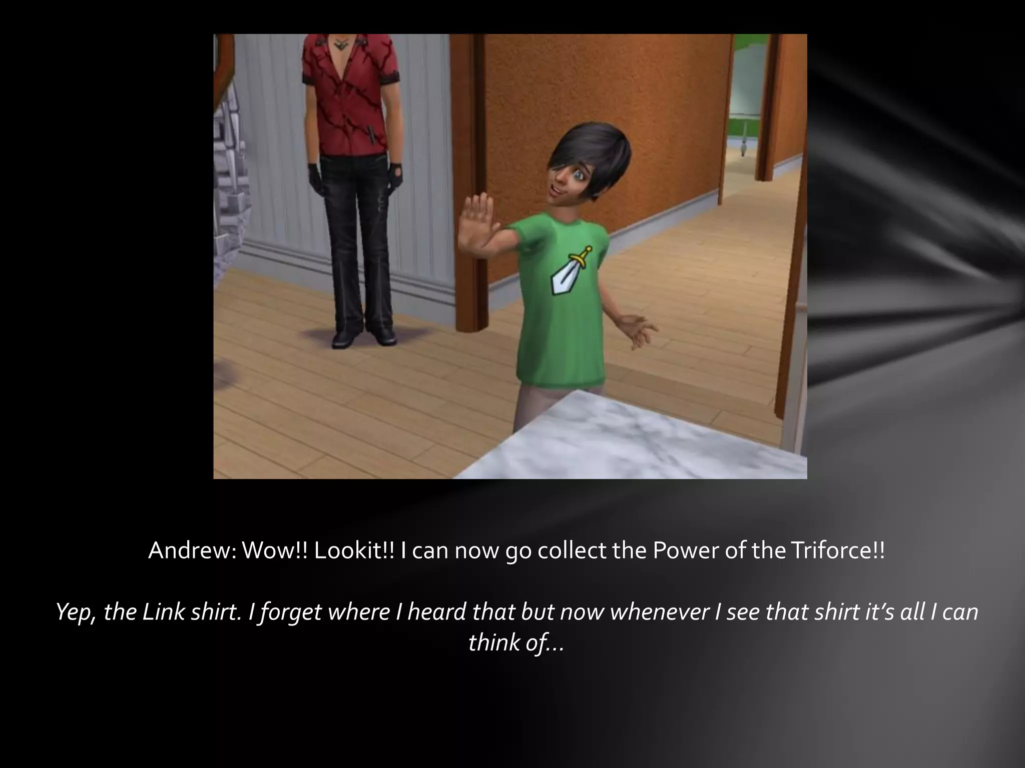 Andrew:Wow!! Lookit!! I can now go collect the Power of theTriforce!!
Yep, the Link shirt. I forget where I heard that but now whenever I see that shirt it’s all I can
think of…
 