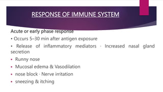 RESPONSE OF IMMUNE SYSTEM
Acute or early phase response
• Occurs 5–30 min after antigen exposure
• Release of inflammatory mediators · Increased nasal gland
secretion
 Runny nose
 Mucosal edema & Vasodilation
 nose block · Nerve irritation
 sneezing & itching
 