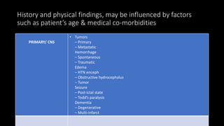 History and physical findings, may be influenced by factors
such as patient’s age & medical co-morbidities
PRIMARY/ CNS
• Tumors
– Primary
– Metastatic
Hemorrhage
– Spontaneous
– Traumatic
Edema
– HTN enceph
– Obstructive hydrocephalus
– Tumor
Seizure
– Post-ictal state
– Todd’s paralysis
Dementia
– Degenerative
– Multi-infarct
 