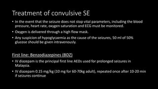 Treatment of convulsive SE
• In the event that the seizure does not stop vital parameters, including the blood
pressure, heart rate, oxygen saturation and ECG must be monitored.
• Oxygen is delivered through a high flow mask.
• Any suspicion of hypoglycaemia as the cause of the seizures, 50 ml of 50%
glucose should be given intravenously.
First line: Benzodiazepines (BDZ)
• IV diazepam is the principal first line AEDs used for prolonged seizures in
Malaysia.
• IV diazepam 0.15 mg/kg (10 mg for 60-70kg adult), repeated once after 10-20 min
if seizures continue
 