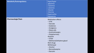 Metabolic/Autoregulatory Hypo/hyper
-glycemia
-natremia
-calcemia
-thyroid
-thermia
Hypercarbia
Hypoxemia
Pharmacologic/Toxic Medication effects
– HTN
– Steroids
– Sedatives
– Analgesics
– Sleep aids
– Anticholinergics
– Polypharmacy
Alcohols
– ETOH
– Methanol/ethylene glycol
Illicit drugs
Withdrawal
– Alcohol
– Benzodiazepine
– Narcotic
 
