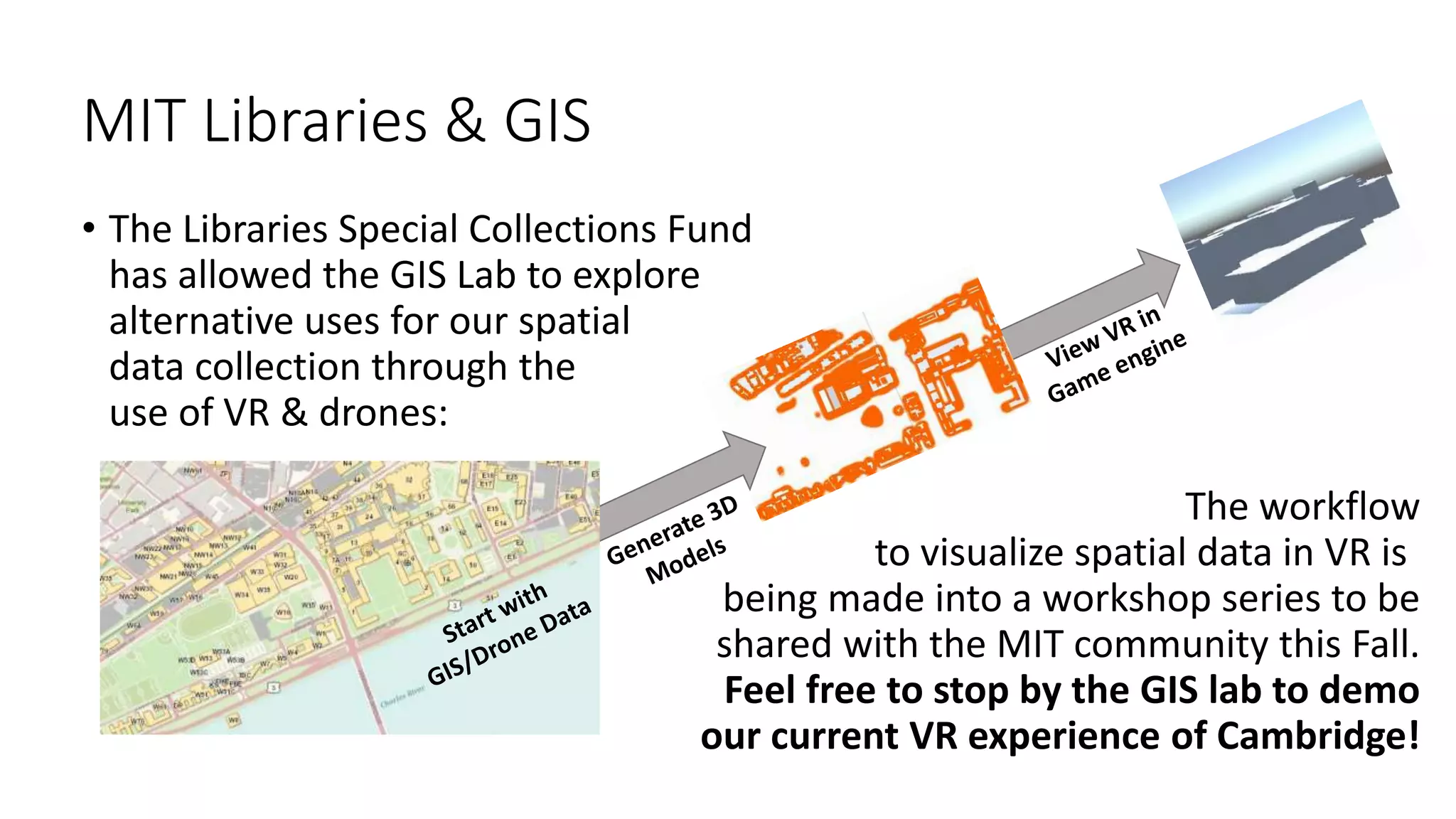The workflow
to visualize spatial data in VR is
being made into a workshop series to be
shared with the MIT community this Fall.
Feel free to stop by the GIS lab to demo
our current VR experience of Cambridge!
• The Libraries Special Collections Fund
has allowed the GIS Lab to explore
alternative uses for our spatial
data collection through the
use of VR & drones:
MIT Libraries & GIS
 