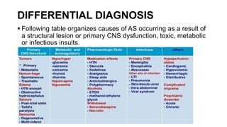 DIFFERENTIAL DIAGNOSIS
 Following table organizes causes of AS occurring as a result of
a structural lesion or primary CNS dysfunction, toxic, metabolic
or infectious insults.
 