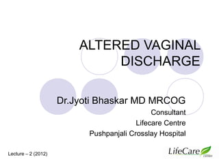 ALTERED VAGINAL
DISCHARGE
Dr.Jyoti Bhaskar MD MRCOG
Consultant
Lifecare Centre
Pushpanjali Crosslay Hospital
Lecture – 2 (2012)
 