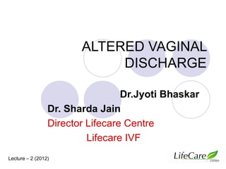 ALTERED VAGINAL
DISCHARGE
Dr.Jyoti Bhaskar
Dr. Sharda Jain
Director Lifecare Centre
Lifecare IVF
Lecture – 2 (2012)

 