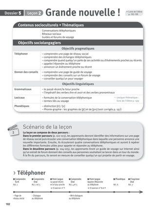 Dossier Leçon
102
25 Grande nouvelle !
Contenus socioculturels • Thématiques
Conversations téléphoniques
Réseaux sociaux
Guides et forums de voyage
Objectifs sociolangagiers
Objectifs pragmatiques
Téléphoner – comprendre une page de réseau social
– comprendre des échanges téléphoniques
– comprendre quand quelqu’un parle de ses activités ou d’événements proches ou récents
– appeler/répondre au téléphone
– annoncer un évènement proche ou récent
Donner des conseils – comprendre une page de guide de voyage
– comprendre des conseils sur un forum de voyage
– conseiller quelqu’un pour voyager
Objectifs linguistiques
Grammaticaux – le passé récent/le futur proche
– l’impératif des verbes être et avoir et des verbes pronominaux
Lexicaux – formules de la conversation téléphonique
– termes liés au voyage
, Lexique thématique :
livre de l'élève p. 199
Phonétiques – distinction [ε˜] / [ε]
– Phonie-graphie : les graphies de [jε˜] et de [jεn] (voir corrigés p. 197)
Scénario de la leçon
La leçon se compose de deux parcours :
Dans le premier parcours (p. 102-103), les apprenants devront identiﬁer des informations sur une page
de réseau social puis écouter une conversation téléphonique dans laquelle une personne annonce une
nouvelle importante. Ensuite, ils écouteront quatre conversations téléphoniques et auront à repérer
les différentes formules utiles pour appeler et répondre au téléphone.
Dans le deuxième parcours (p. 104-105), les apprenants liront un guide de voyage sur Internet ainsi
qu’un extrait de forum donnant des conseils aux personnes souhaitant se lancer dans un tour du monde.
À la ﬁn du parcours, ils seront en mesure de conseiller quelqu’un qui projette de partir en voyage.
2
, Livre de l’élève
p. 102-105
> Téléphoner
Comprendre
Écrit
Act. 1
Comprendre
Oral
Act. 2 et 3
Point langue
Le passé récent
et le futur proche
> S’exercer n° 7
Comprendre
Oral
Act. 4 et 5
Point langue
Appeler/Répondre
au téléphone
> S’exercer n° 8 et 9
Phonétique
Act. 6
S’exprimer
Oral
Act. 7
– Page de
réseau social
– Dialogue
au téléphone
– Mini-dialogues
au téléphone
P001-256-9782011558162.indb 102P001-256-9782011558162.indb 102 30/07/12 12:1030/07/12 12:10
 