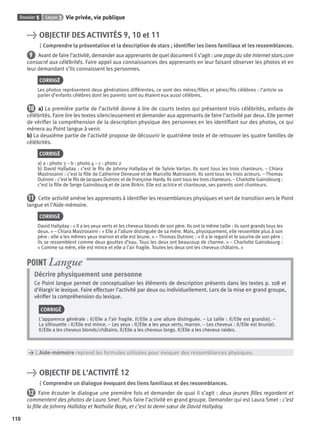 Dossier 5 Leçon 3 Vie privée, vie publique
110
> OBJECTIF DES ACTIVITÉS 9, 10 et 11
Comprendre la présentation et la description de stars ; identiﬁer les liens familiaux et les ressemblances.
9 Avant de faire l’activité, demander aux apprenants de quel document il s’agit : une page du site Internet stars.com
consacré aux célébrités. Faire appel aux connaissances des apprenants en leur faisant observer les photos et en
leur demandant s’ils connaissent les personnes.
CORRIGÉ
Les photos représentent deux générations différentes, ce sont des mères/ﬁlles et pères/ﬁls célèbres : l’article va
parler d’enfants célèbres dont les parents sont ou étaient eux aussi célèbres.
10 a) La première partie de l’activité donne à lire de courts textes qui présentent trois célébrités, enfants de
célébrités. Faire lire les textes silencieusement et demander aux apprenants de faire l’activité par deux. Elle permet
de vériﬁer la compréhension de la description physique des personnes en les identiﬁant sur des photos, ce qui
mènera au Point langue à venir.
b) La deuxième partie de l’activité propose de découvrir le quatrième texte et de retrouver les quatre familles de
célébrités.
CORRIGÉ
a) a : photo 3 – b : photo 4 – c : photo 2
b) David Hallyday : c’est le ﬁls de Johnny Hallyday et de Sylvie Vartan. Ils sont tous les trois chanteurs. – Chiara
Mastroianni : c’est la ﬁlle de Catherine Deneuve et de Marcello Matroianni. Ils sont tous les trois acteurs. – Thomas
Dutronc : c’est le ﬁls de Jacques Dutronc et de Françoise Hardy. Ils sont tous les trois chanteurs. – Charlotte Gainsbourg :
c’est la ﬁlle de Serge Gainsbourg et de Jane Birkin. Elle est actrice et chanteuse, ses parents sont chanteurs.
11 Cette activité amène les apprenants à identiﬁer les ressemblances physiques et sert de transition vers le Point
langue et l’Aide-mémoire.
CORRIGÉ
David Hallyday : « Il a les yeux verts et les cheveux blonds de son père. Ils ont la même taille : ils sont grands tous les
deux. » – Chiara Mastroianni : « Elle a l’allure distinguée de sa mère. Mais, physiquement, elle ressemble plus à son
père : elle a les mêmes yeux marron et elle est brune. » – Thomas Dutronc : « Il a le regard et le sourire de son père :
ils se ressemblent comme deux gouttes d’eau. Tous les deux ont beaucoup de charme. » – Charlotte Gainsbourg :
« Comme sa mère, elle est mince et elle a l’air fragile. Toutes les deux ont les cheveux châtains. »
Décrire physiquement une personne
Ce Point langue permet de conceptualiser les éléments de description présents dans les textes p. 108 et
d’élargir le lexique. Faire effectuer l’activité par deux ou individuellement. Lors de la mise en grand groupe,
vériﬁer la compréhension du lexique.
CORRIGÉ
L’apparence générale : Il/Elle a l’air fragile. Il/Elle a une allure distinguée. – La taille : Il/Elle est grand(e). –
La silhouette : Il/Elle est mince. – Les yeux : Il/Elle a les yeux verts, marron. – Les cheveux : Il/Elle est brun(e).
Il/Elle a les cheveux blonds/châtains. Il/Elle a les cheveux longs. Il/Elle a les cheveux raides.
POINT Langue
> L’Aide-mémoire reprend les formules utilisées pour évoquer des ressemblances physiques.
> OBJECTIF DE L’ACTIVITÉ 12
Comprendre un dialogue évoquant des liens familiaux et des ressemblances.
12 Faire écouter le dialogue une première fois et demander de quoi il s’agit : deux jeunes ﬁlles regardent et
commentent des photos de Laura Smet. Puis faire l’activité en grand groupe. Demander qui est Laura Smet : c’est
la ﬁlle de Johnny Halliday et Nathalie Baye, et c’est la demi-sœur de David Hallyday.
P001-256-9782011558162.indb 110P001-256-9782011558162.indb 110 30/07/12 12:1030/07/12 12:10
 