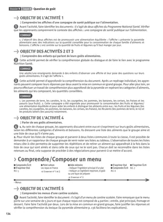Dossier 7 Leçon 1 Question de goût
134
> OBJECTIF DE L’ACTIVITÉ 1
Comprendre les afﬁches d’une campagne de santé publique sur l’alimentation.
1 Avant l’activité, faire identiﬁer les documents : il s’agit de deux afﬁches du Programme National Santé. Vériﬁer
que les apprenants comprennent le contexte des afﬁches : une campagne de santé publique sur l’alimentation.
CORRIGÉ
1. L’objectif des deux afﬁches est de promouvoir une alimentation équilibrée : l’afﬁche 1 présente la pyramide
alimentaire avec des indications sur la quantité conseillée pour la consommation de chaque famille d’aliments et
boissons. L’afﬁche 2 est centrée sur la quantité de fruits et légumes qu’il faut manger par jour.
> OBJECTIF DES ACTIVITÉS 2 ET 3
Comprendre des enfants qui parlent de leurs goûts alimentaires.
2 Cette activité permet de vériﬁer la compréhension globale du dialogue et de faire le lien avec le programme
Nutrition Santé.
CORRIGÉ
Une adulte/une enseignante demande à des enfants d’observer une afﬁche et leur pose des questions sur leurs
goûts alimentaires. Il s’agit de l’afﬁche 1.
3 Cette activité permet d’approfondir la compréhension du document. Après un repérage individuel, les appre-
nants peuvent comparer leurs réponses par deux avant la mise en commun en grand groupe. Pour aller plus loin, on
pourra effectuer un travail de compréhension plus approfondi de la pyramide en repérant les catégories d’aliments,
les aliments qui les composent, les quantités conseillées.
CORRIGÉ
1. Les pommes de terre, les carottes, le riz, les courgettes, les pommes, les bananes, les cerises, les fraises et les
yaourts (aux fruits). 2. Cette campagne a été organisée pour promouvoir la consommation des fruits et légumes/
une alimentation équilibrée et pour aider les enfants à distinguer les aliments entre eux : les fruits et les légumes (les
carottes, les courgettes, les pommes, les bananes, les cerises, les fraises), les féculents (les pommes de terre, le riz) et
les produits laitiers (les yaourts) notamment.
> OBJECTIF DE L’ACTIVITÉ 4
Parler de ses goûts alimentaires.
4 1. Au sein de chaque groupe, les apprenants discutent entre eux et s’expriment sur leurs goûts alimentaires,
selon les différentes catégories d’aliments et boissons. Ils dressent une liste des aliments que le groupe aime et
une liste de ceux qu’il n’aime pas.
2. Pour réunir les listes de chaque groupe et parvenir à deux listes communes à toute la classe, il est possible de
demander à un rapporteur de chaque groupe de venir noter ses listes au tableau. L’observation de toutes les listes
mises côte à côte permettra de supprimer les répétitions et de retirer un aliment qui apparaîtrait à la fois dans la
liste de ceux qui sont aimés et dans celle de ceux qui ne le sont pas. Chacun doit se reconnaître dans les listes
retenues au ﬁnal, cela suppose de procéder à des négociations pour parvenir à se mettre d’accord.
> Comprendre/Composer un menu
Comprendre Écrit
S’exprimer Oral
Act. 5
Point culture
Les repas en France
> S’exercer n° 1 et 2
Aide-mémoire
– Indiquer l’ingrédient principal d’un plat
– Indiquer un ingrédient important, le goût
ou une façon de préparer
> S’exercer n° 3
S’exprimer Oral
Comprendre Écrit
Act. 6
S’exprimer Écrit
Act. 7
– Menus
> OBJECTIF DE L’ACTIVITÉ 5
Comprendre les menus d’une cantine scolaire.
5 Avant l’activité, faire identiﬁer le document : il s’agit d’un menu de cantine scolaire. Faire remarquer que le menu
porte sur une semaine de 5 jours et que chaque repas est composé de 4 parties : entrée, plat principal, fromage et
dessert. Faire faire l’activité par deux. Lors de la mise en commun en grand groupe, faire justiﬁer les réponses et
vériﬁer la compréhension du lexique (la pyramide alimentaire p. 136 facilitera les explications).
P001-256-9782011558162.indb 134P001-256-9782011558162.indb 134 30/07/12 12:1030/07/12 12:10
 