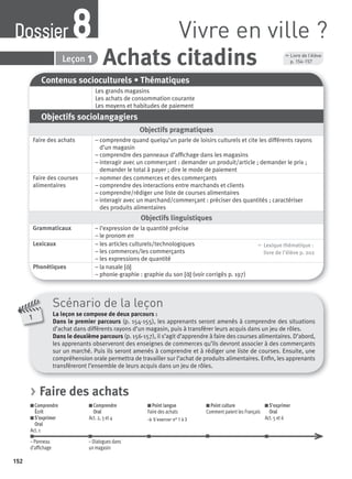 152
Achats citadinsLeçon 18
Vivre en ville ?Dossier8 , Livre de l’élève
p. 154-157
Contenus socioculturels • Thématiques
Les grands magasins
Les achats de consommation courante
Les moyens et habitudes de paiement
Objectifs sociolangagiers
Objectifs pragmatiques
Faire des achats – comprendre quand quelqu’un parle de loisirs culturels et cite les différents rayons
d’un magasin
– comprendre des panneaux d’afﬁchage dans les magasins
– interagir avec un commerçant : demander un produit/article ; demander le prix ;
demander le total à payer ; dire le mode de paiement
Faire des courses
alimentaires
– nommer des commerces et des commerçants
– comprendre des interactions entre marchands et clients
– comprendre/rédiger une liste de courses alimentaires
– interagir avec un marchand/commerçant : préciser des quantités ; caractériser
des produits alimentaires
Objectifs linguistiques
Grammaticaux – l’expression de la quantité précise
– le pronom en
Lexicaux – les articles culturels/technologiques
– les commerces/les commerçants
– les expressions de quantité
, Lexique thématique :
livre de l'élève p. 202
Phonétiques – la nasale [ɑ˜]
– phonie-graphie : graphie du son [ɑ˜] (voir corrigés p. 197)
Scénario de la leçon
La leçon se compose de deux parcours :
Dans le premier parcours (p. 154-155), les apprenants seront amenés à comprendre des situations
d’achat dans différents rayons d’un magasin, puis à transférer leurs acquis dans un jeu de rôles.
Dans le deuxième parcours (p. 156-157), il s’agit d’apprendre à faire des courses alimentaires. D’abord,
les apprenants observeront des enseignes de commerces qu’ils devront associer à des commerçants
sur un marché. Puis ils seront amenés à comprendre et à rédiger une liste de courses. Ensuite, une
compréhension orale permettra de travailler sur l’achat de produits alimentaires. Enﬁn, les apprenants
transféreront l’ensemble de leurs acquis dans un jeu de rôles.
1
> Faire des achats
Comprendre
Écrit
S’exprimer
Oral
Act. 1
Comprendre
Oral
Act. 2, 3 et 4
Point langue
Faire des achats
> S’exercer n° 1 à 3
Point culture
Comment paient les Français
S’exprimer
Oral
Act. 5 et 6
– Panneau – Dialogues dans
d’afﬁchage un magasin
P001-256-9782011558162.indb 152P001-256-9782011558162.indb 152 30/07/12 12:1030/07/12 12:10
 