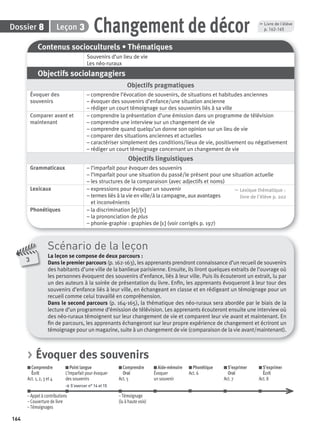 164
Dossier Leçon
3
Scénario de la leçon
La leçon se compose de deux parcours :
Dans le premier parcours (p. 162-163), les apprenants prendront connaissance d’un recueil de souvenirs
des habitants d’une ville de la banlieue parisienne. Ensuite, ils liront quelques extraits de l’ouvrage où
les personnes évoquent des souvenirs d’enfance, liés à leur ville. Puis ils écouteront un extrait, lu par
un des auteurs à la soirée de présentation du livre. Enﬁn, les apprenants évoqueront à leur tour des
souvenirs d’enfance liés à leur ville, en échangeant en classe et en rédigeant un témoignage pour un
recueil comme celui travaillé en compréhension.
Dans le second parcours (p. 164-165), la thématique des néo-ruraux sera abordée par le biais de la
lecture d’un programme d’émission de télévision. Les apprenants écouteront ensuite une interview où
des néo-ruraux témoignent sur leur changement de vie et comparent leur vie avant et maintenant. En
ﬁn de parcours, les apprenants échangeront sur leur propre expérience de changement et écriront un
témoignage pour un magazine, suite à un changement de vie (comparaison de la vie avant/maintenant).
Contenus socioculturels • Thématiques
Souvenirs d’un lieu de vie
Les néo-ruraux
Objectifs sociolangagiers
Objectifs pragmatiques
Évoquer des
souvenirs
– comprendre l’évocation de souvenirs, de situations et habitudes anciennes
– évoquer des souvenirs d’enfance/une situation ancienne
– rédiger un court témoignage sur des souvenirs liés à sa ville
Comparer avant et
maintenant
– comprendre la présentation d’une émission dans un programme de télévision
– comprendre une interview sur un changement de vie
– comprendre quand quelqu’un donne son opinion sur un lieu de vie
– comparer des situations anciennes et actuelles
– caractériser simplement des conditions/lieux de vie, positivement ou négativement
– rédiger un court témoignage concernant un changement de vie
Objectifs linguistiques
Grammaticaux – l’imparfait pour évoquer des souvenirs
– l’imparfait pour une situation du passé/le présent pour une situation actuelle
– les structures de la comparaison (avec adjectifs et noms)
Lexicaux – expressions pour évoquer un souvenir
– termes liés à la vie en ville/à la campagne, aux avantages
et inconvénients
, Lexique thématique :
livre de l'élève p. 202
Phonétiques – la discrimination [e]/[ε]
– la prononciation de plus
– phonie-graphie : graphies de [ε] (voir corrigés p. 197)
, Livre de l’élève
p. 162-165Changement de décor38
> Évoquer des souvenirs
Comprendre
Écrit
Act. 1, 2, 3 et 4
Point langue
L’imparfait pour évoquer
des souvenirs
> S’exercer n° 14 et 15
Comprendre
Oral
Act. 5
Aide-mémoire
Évoquer
un souvenir
Phonétique
Act. 6
S’exprimer
Oral
Act. 7
S’exprimer
Écrit
Act. 8
– Appel à contributions – Témoignage
– Couverture de livre (lu à haute voix)
– Témoignages
P001-256-9782011558162.indb 164P001-256-9782011558162.indb 164 30/07/12 12:1030/07/12 12:10
 