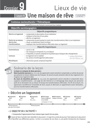 1
Scénario de la leçon
La leçon se compose de deux parcours :
Dans le premier parcours (p. 172-173), les apprenants seront amenés à comprendre un article de journal
qui présente la maison idéale pour les Français. Ils seront ensuite amenés à décrire leur logement et à
imaginer leur logement idéal.
Au cours du deuxième parcours (p. 174-175), les apprenants seront amenés à comprendre deux
supports complémentaires : une page de site Internet et un témoignage dans lequel une personne
parle de la rénovation de sa maison et évoque les transformations effectuées. À la ﬁn de la leçon, les
apprenants transféreront l’ensemble de leurs acquis en décrivant un appartement avant rénovation,
puis les transformations effectuées.
, Livre de l’élève
p. 172-175Une maison de rêveLeçon 19
Contenus socioculturels • Thématiques
Les préférences des français concernant leur maison
Objectifs sociolangagiers
Objectifs pragmatiques
Décrire un logement – comprendre la description d’une habitation
– indiquer la fonction d’une pièce
– décrire un logement
Parler de sa maison,
décrire des
transformations
– comprendre quand quelqu’un parle des transformations liées à une habitation
– situer un événement dans le temps
– expliquer des transformations effectuées dans un logement
Objectifs linguistiques
Grammaticaux – servir à / de
– les marqueurs temporels il y a et depuis
– l’imparfait, le passé composé et le présent pour évoquer des changements
Lexicaux – le logement et le mobilier
– les actions d’aménagement/décoration
, Lexique thématique :
livre de l'élève p. 203
Phonétiques – distinction passé composé/imparfait
Lieux de vieDossier9
> Décrire un logement
Comprendre
Écrit
Act. 1
S’exprimer
Oral
Act. 2
Comprendre
Écrit
Act. 3 et 4
Point langue
Parler du logement
et du mobilier
> S’exercer n° 1 et 2
Aide-mémoire
Indiquer la fonction
S’exprimer
Oral
Act. 5
S’exprimer
Oral/Écrit
Act. 6
– Article de journal – Article de journal
avec plan d’une maison
> OBJECTIF DE L’ACTIVITÉ 1
Comprendre l’agencement d’une maison-type à partir de son plan.
1 Avant de faire l’activité, faire identiﬁer le document : il s’agit d’un article de journal. Faire observer le document
aﬁn d’identiﬁer ses différentes parties : le titre (« La maison de vos rêves »), une petite introduction (le chapeau)
171
P001-256-9782011558162.indb 171P001-256-9782011558162.indb 171 30/07/12 12:1130/07/12 12:11
 