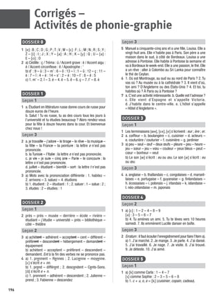 196
DOSSIER 0
1 [e] : B ; C ; D ; G ; P ; T ; V ; W – [ε] : F ; L ; M ; N ; R ; S ; Y ;
Z – [i] : I ; J ; X ; Y – [a] : A ; H ; K – [y] : Q ; U – [ə] :
E – [o] : O
2 a) Cédille : ç / Tréma : ü / Accent grave : è / Accent aigu :
é / Accent circonﬂexe : ê / Apostrophe : ’
b) d’ : 9 – ü : 3 – m’ : 6 – ô : 13 – ï : 1 – û : 12 – ç : 11 –
è : 7 – î : 4 – ë : 14 – s’ : 2 – é : 10 – l’ : 8 – ê : 5
c) 1. m’ – 2. î – 3. é – 4. ë – 5. ê – 6. ç – 7. l’ – 8. è
DOSSIER 1
Leçon 1
1 a. Étudiant en littérature russe donne cours de russe pour
douze euros de l’heure.
b. Salut ! Tu es russe, tu as des cours tous les jours à
l’université et tu étudies beaucoup ? Alors rendez-vous
pour la fête à douze heures dans la cour. Et bienvenue
chez nous !
Leçon 3
2 a. je travaille – j’adore – le tirage – le rêve – la musique –
la fête – la France – la peinture : la lettre e n’est pas
prononcée.
b. la Tunisie – l’Italie : la lettre e n’est pas prononcée.
c. je vis – je suis – cinq ans – Paris – le concours : la
lettre s n’est pas prononcée.
d. juillet – étudiant – bientôt – sort : la lettre t n’est pas
prononcée.
3 a) Mots avec la prononciation différente : 1. habitez –
2. arrivons – 3. saluez – 4. étudions
b) 1. étudient : 2 – étudiant : 1 ; 2. saluer : 1 – salue : 2 ;
3. études : 2 – étudies : 1
DOSSIER 2
Leçon 1
2 près – près – musée – derrière – école – rivière –
étudiant – j’étudie – université – près – bibliothèque –
côté – théâtre
Leçon 2
3 a) achètent – adhérent – acceptent – cent – différent –
préfèrent – descendent – hébergement – demandent –
équipement
b) achètent – acceptent – préfèrent – descendent –
demandent. Ent à la ﬁn des verbes ne se prononce pas.
4 a) 1. prennent – Rennes ; 2. Lucienne – moyenne.
[ε] s’écrit e + nn.
b) 1. prend – différent ; 2. descendent – Cents-Sons.
[ɑ˜] s’écrit e + n.
c) 1. prennent – adhérent – descendent ; 2. Julienne –
prend ; 3. Fabienne – descendez
Leçon 3
5 Manuel a cinquante-cinq ans et a une ﬁlle, Louisa. Elle a
vingt-huit ans. Elle n’habite pas à Paris. Son père a une
maison dans le sud, à côté de Bordeaux. Louisa a une
adresse à Pontoise. Elle habite à Pontoise la semaine et
va à Bordeaux le week-end. Elle a une passion, le thé. Elle
a un rêve : aller à Colombo au Sri Lanka pour connaître
le thé de Ceylan.
6 1. Où est Montrouge, au sud ou au nord de Paris ? 2. Tu
vas où ? Au musée ou à la cathédrale ? 3. Il vient d’où,
ton ami ? D’Angleterre ou des États-Unis ? 4. Et toi, tu
habites où ? À Paris ou à Pontoise ?
7 a. C’est une activité intéressante. b. Quelle est l’adresse ?
c. Elle vient d’Espagne et s’appelle Victoria.
d. J’habite dans le centre-ville. e. L’hôtel s’appelle
« Hôtel d’Angleterre ».
DOSSIER 3
Leçon 1
1 Les terminaisons [ r], [εr], [e] s’écrivent : eur ; ère ; er.
2 a. coiffeur – b. boulangère – c. cuisinier – d. acteurs –
e. couturière / couturier – f. cuisinière – g. jardinier
3 a) peu – seul – œuf – deux œufs – pleure – peu – heure –
jeu – sœur – jeu – vœu – couleur – yeux bleus – peut –
cœur – bonheur – veut
b) Le son [ ] s’écrit : eu ou œu. Le son [ø] s’écrit : eu
ou œu.
Leçon 3
4 a. anglaise – b. thaïlandais – c. congolaises – d. marseil-
laises – e. portugaise – f. guyanaise – g. ﬁnlandaises –
h. écossaises – i. polonais – j. irlandais – k. islandaise –
l. néo-zélandaise – m. japonais
DOSSIER 4
Leçon 2
1 a) [ε] : 1 – 2 – 4 – 8 – 9
[ə] : 3 – 5 – 6 – 7
b) 4. Tu amènes un ami. 5. Tu te lèves vers 10 heures
samedi. 7. Ils emmènent Lucille danser en boîte.
Leçon 3
2 Erratum : il faut écouter l’enregistrement pour faire l’item a).
a) 1. J’ai marché. 2. Je mange. 3. Je parle. 4. J’ai dansé.
5. J’ai travaillé. 6. Je nage. 7. Je visite. 8. J’ai trouvé.
9. Je déteste. 10. J’ai aimé.
DOSSIER 5
Leçon 1
1 a) [k] comme Carla : 1 – 4 – 7
[s] comme Sophie : 2 – 3 – 5 – 6 – 8
b) 1. c + u, o, a = [k] (cuisinier, copain, cadeau).
Corrigés –
Activités de phonie-graphie
P001-256-9782011558162.indb 196P001-256-9782011558162.indb 196 30/07/12 12:1130/07/12 12:11
 