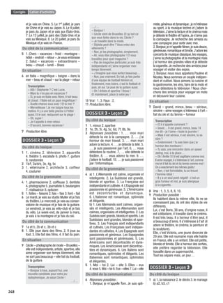 Corrigés Cahier d’activités
248
et je vais en Chine. 5. Le 1er juillet, je pars
de Chine et je vais au Japon. 6. Le 9 juillet,
je pars du Japon et je vais aux États-Unis.
7. Le 13 juillet, je pars des États-Unis et je
vais au Mexique. 8. Le 20 juillet, je pars du
Mexique et je vais en France.
Du côté de la communication
5 1. Chers – vacances – froid – montagne –
hôtel – endroit – retour – Je vous embrasse
2. Salut – vacances – extraordinaire –
beau – chaud – lundi – Bises
En situation
6 en Italie – magniﬁque – baigne – dans la
mer – beau et chaud – sur la plage – retour
Transcription
– Allô ! Stéphanie ? C’est Lucie.
– Mais tu n’es pas en vacances ?
– Si, je suis en Italie avec Rémi. Il fait beau
et chaud : l’Italie est un pays magniﬁque !
– Quelle chance vous avez ! Et la mer ?
– Merveilleuse ! Je me baigne tous les
matins. Il y a une belle piscine à l’hôtel
aussi. Et le soir, restaurant sur la plage !
– Oh, super !
– Je t’appelle à mon retour.
– D’accord, bonnes vacances !
7 Production libre.
DOSSIER 3 • Leçon 1
Du côté du lexique
1 1. cinéma 2. télévision 3. aquarelle
4. théâtre 5. escalade 6. photo 7. guitare
8. randonnée
2 1b/f, 2a/d/e, 3e, 4g, 5c
3 1. vétérinaire 2. architecte 3. coiffeur
4. couturier
Du côté de la grammaire
4 1. pharmacienne 2. coiffeuse 3. dentiste
4. photographe 5. journaliste 6. boulangère
7. réalisatrice 8. opticien
5 1. faites – faisons 2. fais – fais 3. font – fait
6 Le mardi, je vais au studio Muller et je fais
du théâtre. Le mercredi, je vais au conser-
vatoire de musique et je fais de la guitare.
Le vendredi, je vais au vélo-club et je fais
du vélo. Le week-end, de janvier à mars,
je vais à la montagne et je fais du ski.
Du côté de la communication
7 1a et b, 2b et c, 3b et c
8 1. Elle joue dans des ﬁlms. 2. Il joue au
foot. 3. Elle fait des ﬁlms. 4. Il fait du pain.
En situation
9 Cécile – photographe de mode – Bruxelles –
elle est indépendante, artiste, sportive, elle
aime organiser son temps librement, elle
ne sort pas beaucoup – elle fait du football,
de la guitare
Transcription
– Bonjour à tous, aujourd’hui, une
nouvelle candidate pour notre jeu
radiophonique. Je salue Cécile !
…/…
…/…
– Bonjour !
– Cécile vient de Bruxelles. Et qu’est-ce
que vous faites dans la vie, Cécile ?
– Je travaille dans la mode.
– Styliste peut-être ? Vous créez des
vêtements ?
– Non, je les photographie, simplement.
– Ah, vous êtes photographe ! Et vous
travaillez pour quel magazine ?
– Pas de magazine particulier, je suis très
indépendante et j’aime organiser mon
temps librement.
– J’imagine que vous sortez beaucoup…
– Non, pas vraiment. En fait, je fais partie
d’une équipe de football féminin et,
ﬁnalement, mes loisirs, c’est le football et
puis, ah oui ! je joue de la guitare aussi.
– Oh ! Artiste et sportive ! Bravo !
Et maintenant, place à notre jeu !
10 Vrai : 1, 3. Faux : 2.
11 Production libre.
DOSSIER 3 • Leçon 2
Du côté du lexique
1 1. mince 2. sportive
2 1e, 2h, 3i, 4g, 5c, 6d, 7f, 8b, 9a
3 Réponses possibles : 1. … mon mari
déteste la vie à la campagne. 2. … j’ai
horreur de mon travail. 3. … mon mari
adore la lecture. 4. … je déteste la télé. 5.
… je suis passionné par l’art. 6. … nous
détestons la routine. 7. … elle déteste le
théâtre. 8. … vous adorez la mer. 9. …
j’adore le football. 10. … je suis passionné
par l’informatique.
Du côté de la grammaire
4 a) 1. L’Allemande est calme, organisée et
intelligente. 2. La Suédoise est grande,
blonde et sportive. 3. La Française est
indépendante et cultivée.4.L’Espagnole est
passionnée et généreuse. 5. L’Américaine
est décontractée et dynamique.
6. L’Italienne est romantique, optimiste
et élégante.
b) 1. Les Allemands sont calmes, organi-
sés et intelligents. Les Allemandes sont
calmes, organisées et intelligentes. 2. Les
Suédois sont grands,blonds et sportifs.Les
Suédoises sont grandes, blondes et spor-
tives. 3. Les Français sont indépendants
et cultivés. Les Françaises sont indépen-
dantes et cultivées. 4. Les Espagnols sont
passionnés et généreux. Les Espagnoles
sont passionnées et généreuses. 5. Les
Américains sont décontractés et dyna-
miques. Les Américaines sont décontrac-
tées et dynamiques. 6. Les Italiens sont
romantiques, optimistes et élégants. Les
Italiennes sont romantiques, optimistes
et élégantes.
5 1. Moi – toi 2. Lui – elle 3. Elles – eux
4.vous 5.Moi – toi 6.Eux – elles 7.Lui – elle
Du côté de la communication
6 Réponses possibles :
1. Bonjour, je m’appelle Tom. Je suis opti-
miste,généreuxetdynamique;jem’intéresse
au sport, à la musique techno et j’adore la
télévision.J’aime la lecture et le cinéma mais
je déteste le théâtre et l’opéra.Je n’aime pas
la campagne. Je recherche des ami(e)s ou
une compagne pour sortir avec moi.
2.Bonjour,je m’appelle Ninon,je suis douce,
généreuse,romantique et timide.J’adore les
concerts de musique classique,les voyages,
j’aime la photographie et la montagne mais
j’ai horreur des grandes villes et je déteste
la cigarette. Je recherche des ami(e)s pour
voyager et visiter des expos.
3. Bonjour, nous nous appelons Pauline et
Nicolas. Nous sommes un couple indépen-
dant et cultivé. Nous aimons la cuisine et
la gastronomie, les vins, faire de la moto et
nous détestons la télévision ! Nous cher-
chons des ami(e)s pour voyager en moto
et découvrir leur cuisine.
En situation
7 David – grand, mince, beau – sérieux,
sincère – aime voyager, s’intéresse à l’art –
fait du ski et du tennis – fumeur
Transcription
– Et il s’appelle comment ?
– David… Il est grand, mince, beau ! Il
me dit « je t’aime » toute la journée !
– Mais il est sérieux, il est sincère, tu es
sûre ?
– Évidemment ! Tu sais bien que j’ai
horreur des menteurs !
– Tu sais, une rencontre dans un speed
dating, moi, à ta place…
– Oh ! Arrête ! Et il est sagittaire comme moi.
Il aime voyager, il s’intéresse à l’art, comme
moi et il fait du ski et du tennis comme moi !
On a exactement les mêmes goûts !
– Ben, c’est formidable, tu as trouvé
l’homme idéal !
– II y a un seul point négatif : c’est un
gros fumeur et moi, je suis allergique
à la cigarette.
8 Vrai : 1, 3, 5, 8, 9, 10.
9 Production possible :
Ils habitent dans la même ville, ils ne se
connaissent pas, ils ont des styles de vie
différents.
Lui, c’est Boris, 36 ans, d’origine russe, il
est célibataire, il travaille dans le cinéma.
Il est très beau. Il a horreur d’être seul, il
a beaucoup d’amis. Il s’intéresse à l’art (il
adore le théâtre, le cinéma, la peinture et
la sculpture).
Elle, c’est Victoria, une jeune divorcée de
29 ans. Elle est roumaine mais elle habite
en France, elle a un enfant. Elle est petite,
blonde et timide. Elle a horreur des sorties,
elle préfère regarder la télévision. Elle
travaille dans un supermarché.
Tout les sépare mais, un jour…
DOSSIER 3 • Leçon 3
Du côté du lexique
1 a) 1. la naissance 2. le décès 3. le mariage
b) a2, b3, c1
P001-256-9782011558162.indb 248P001-256-9782011558162.indb 248 30/07/12 12:1230/07/12 12:12
 