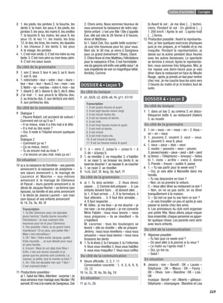 Cahier d’activités Corrigés
249
2 1. les pieds, les jambes 2. la bouche, les
dents 3. la main, les yeux 4. les pieds, les
jambes 5. les yeux, les mains 6. les oreilles
7. la bouche 8. les mains, les yeux 9. les
yeux 10. le nez 11. les mains, les bras
12. le dos, les bras, les mains, les épaules
3 1. les cheveux 2. les dents 3. les yeux
4. le visage, les jambes
4 1.C’est mon oncle.2.C’est ma mère ou ma
tante.3.C’est mon père ou mon beau-père.
4. C’est ma sœur aussi.
Du côté de la grammaire
5 1. son 2. leurs 3. leur 4. ses 5. sa 6. leurs
7. son 8. ses
6 1. notre/votre – leur – votre – leur – leurs –
leur – leur – leur – leurs 2.ma – mon – vos
3.Notre – sa – nos/ses – notre 4.mon – tes
7 1.disent 2.dit 3.disons 4.dis 5.dis 6.dites
8 J’ai mal : 1. aux yeux/à la tête/au dos.
2. au bras/au dos. 3. aux dents/à une dent.
4. aux jambes/au dos.
Du côté de la communication
9 Dialogue 1
– Pauvre Robert, cet accident de voiture !
Comment est-ce qu’il va ?
– Il va mieux, mais il a très mal à la tête.
– Il a mal au dos aussi ?
– Oui. Il reste à l’hôpital encore quelques
jours.
Dialogue 2
– Comment ça va ?
– Ça va mieux, merci.
– Tu as encore mal au bras ?
– J’ai encore un peu mal, mais ça va !
En situation
10 a) a.la naissance de Dorothée – ses parents
annoncent b. la naissance de Joséphine –
ses sœurs annoncent c. le mariage de
Laurence et Maxime – eux-mêmes
annoncent d. le mariage de Clémence
et Pascal – leurs parents annoncent e. le
décès de Jacques Rocher – sa femme (son
épouse), sa famille et ses amis annoncent
f. le décès de Jeanne Laurent – son mari
(son époux) et ses enfants annoncent
b) 1d, 2a, 3e, 4b, 5f
Transcription
1. Ta ﬁlle Clémence avec cet adorable
jeune homme ! Quelle bonne nouvelle !
Félicitations ! Je suis vraiment très
heureuse pour toi et pour Clémence.
2. Pas possible ! Alors, tu es grand-mère
maintenant ! Et en plus, une petite-ﬁlle !
Mais c’est merveilleux !
3. Oh ! Non ! Votre oncle Jacques, quelle
triste nouvelle… Je suis désolé pour vous
et votre famille.
4. Encore ! Mais ils ont déjà trois ﬁlles !
Enﬁn, c’est une bonne nouvelle et je
pense que les parents sont contents. La
maman, la petite, tout le monde va bien ?
5. Oh ! Elle est décédée hier soir ? Non !
C’est vraiment triste !
11 Productions possibles :
a) 1. Salut les ﬁlles,Attention : surprise ! Je
vousannoncemonmariageavecNicolas!RV
samedi 30 mai à la mairie de Savigneux.Zoé
2. Chers amis, Nous sommes heureux de
vous annoncer la naissance de notre sep-
tième enfant : c’est une ﬁlle ! Elle s’appelle
Ève, elle est née le 26 février à 8 heures.
Anne et Matthieu
b) 1. Salut Zoé, Oui, quelle belle surprise !
Je suis très heureuse pour toi, pour vous.
Bien sûr, le 30 mai, je viens à Savigneux
pour ce grand événement ! Bises, Claire
2.ChèreAnne et cher Matthieu,Félicitations
pour la naissance d’Ève. C’est formidable :
vos six garçons ont enﬁn une petite sœur ! Je
suis impatiente de voir ce magniﬁque bébé.
Amitiés, Corinne
DOSSIER 4 • Leçon 1
Du côté du lexique
1 a1, b5/8, c2, d3/9, e6, f4, g11, h7/10
Transcription
1. Il est quatre heures et quart.
2. Il est sept heures moins vingt.
3. Il est minuit moins dix.
4. Il est six heures et demie.
5. Il est midi.
6. Il est trois heures moins le quart.
7. Il est midi et demie.
8. Il est minuit.
9. Il est midi moins dix.
10. Il est minuit et demie.
11. Il est six heures moins le quart.
2 1. à – vers 2. jusqu’à – jusqu’à – à
3. de – à/jusqu’à
3 1. se réveiller 2. se maquiller 3. s’habiller
4. se raser 5. se brosser les dents 6. se
laver/se doucher 7.se reposer 8.se coucher
4 1. se raser 2. se réveiller
5 1c/d, 2a/f, 3f, 4e/g, 5b, 6a/f, 7f
Du côté de la grammaire
6 a) 1. Tu dois acheter… 2. Vous devez
passer… 3. Corinne doit préparer… 4. Les
enfants doivent faire… et doivent aller…
b) 1. Il faut arriver… 2. À la fermeture, il
faut attendre… 3. Il faut être aimable…
4. Il faut respecter…
7 M. Gilles : je me lève – je me douche – je
me rase – je me prépare – je me connecte
Mme Fabien : nous nous levons – nous
nous préparons – ils se réveillent – ils
s’habillent
M. Lecornec : tous les boulangers se
lèvent – elle se réveille – elle se prépare
Jérémy : nous nous réveillons – nous nous
amusons – nous nous lavons – nous nous
brossons les dents
8 1.Tu te lèves 2.tu t’amuses 3.tu t’informes
4.Vous vous réveillez 5.Vous vous habillez
6. vous vous maquillez 7.Vous vous coiffez
Du côté de la communication
9 Heure ofﬁcielle : 2, 3, 7, 11
Conversation courante : 1, 4, 5, 6, 8, 9,
10, 12
10 1e, 2c, 3f, 4a, 5b, 6g, 7d
En situation
11 a) 1c, 2b
b) Avant le vol : Je me lève […] techni-
ciens. Pendant le vol : En général […]
1 200 km/h ! Après le vol : L’après-midi
[…] forme.
12 Production possible : Avant la représenta-
tion, je fais quelques exercices physiques
puis je me prépare, je m’habille et je me
maquille. Pendant la représentation, je
danse sur la scène pendant deux heures
avec les autres danseuses. Le spectacle
se termine à minuit. Après la représenta-
tion, nous sommes très fatiguées. Moi, je
me repose une demi-heure puis je vais
dîner dans le restaurant en face du Moulin
Rouge ; après,je prends un taxi pour rentrer
chez moi. Je me couche tous les soirs vers
3 heures du matin et je m’endors tout de
suite.
DOSSIER 4 • Leçon 2
Du côté du lexique
1 1. dans un bar 2. au cinéma 3. en disco-
thèque/en boîte 4. au restaurant (italien)
5. au musée
Du côté de la grammaire
2 1. on – vous – on – nous – on – 2. Vous –
on – on – nous
3 1. pouvons 2. veulent 3. veut – veux.
4. peuvent 5. veux 6. peux
4 1. veux – peux – dois – veux
2. voulez – pouvons – veux – pouvez
3.pouvez/voulez – peux – peut – doit – peut
5 a) Venez – Téléphonez – envoyez – faites
b) 1. reste – arrête – viens 2. donne
3. Prends – trouve – oublie 4. passe
6 1. – Tu vas partir pour le week-end ?
– Oui, je vais aller à Marseille dans ma
famille.
– Tu vas descendre en train ?
– Non, on va prendre la voiture.
2. – Vous allez dîner au restaurant ce soir ?
– Non, on ne va pas sortir, on va dîner
tranquillement à la maison.
3. – Qu’est-ce que tu vas faire ce soir ?
– Je vais travailler un peu et après je vais
passer la soirée chez des amis.
4. Les animateurs du club vont organiser
une petite fête. Nous allons pique-niquer
tous ensemble,chaque personne va appor-
ter quelque chose. Les parents vont venir
avec leurs enfants.
Du côté de la communication
7 Réponse possible :
– Tu fais quoi ce week-end ?
– On peut aller à la piscine si tu veux ?
– Le matin ou l’après-midi ?
– Oui, ça me va.
– Salut !
En situation
8 Jessica : non – Benoît : OK + Louise –
Stéphanie : OK – Marco : OK – Fanny :
OK – Olivia : non – Blandine : OK – Lisa :
OK
musique : Benoît – vin :Alberto – gâteaux :
Stéphanie – champagne : Blandine et Lisa
P001-256-9782011558162.indb 249P001-256-9782011558162.indb 249 30/07/12 12:1230/07/12 12:12
 