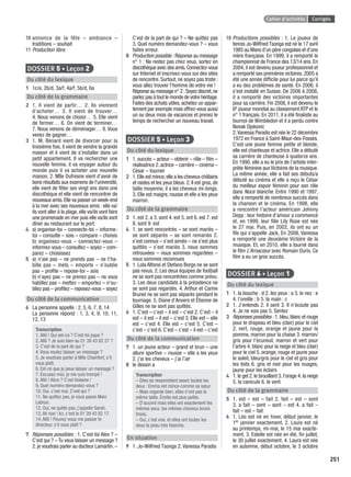 Cahier d’activités Corrigés
251
10 annonce de la fête – ambiance –
traditions – souhait
11 Production libre.
DOSSIER 5 • Leçon 2
Du côté du lexique
1 1c/e, 2b/d, 3a/f, 4a/f, 5b/d, 6a
Du côté de la grammaire
2 1. Il vient de partir… 2. Ils viennent
d’acheter… 3. Il vient de trouver…
4. Nous venons de choisir… 5. Elle vient
de fermer… 6. On vient de terminer…
7. Nous venons de déménager… 8. Vous
venez de gagner…
3 1. M. Bénard vient de divorcer pour la
troisième fois, il vient de vendre la grande
maison et il vient de s’installer dans un
petit appartement. Il va rechercher une
nouvelle femme, il va voyager autour du
monde puis il va acheter une nouvelle
maison. 2. Mlle Dufresne vient d’avoir de
bons résultats aux examens de l’université,
elle vient de fêter ses vingt ans dans une
discothèque et elle vient de rencontrer de
nouveaux amis.Elle va passer un week-end
à la mer avec ses nouveaux amis : elle va/
ils vont aller à la plage, elle va/ils vont faire
une promenade en mer puis elle va/ils vont
dîner au restaurant sur le port.
4 a) organise-toi – connecte-toi – informe-
toi – consulte – sois – compare – choisis
b) organisez-vous – connectez-vous –
informez-vous – consultez – soyez – com-
parez – choisissez
5 a) n’aie pas – ne prends pas – ne t’ha-
bille pas – mets – emporte – n’oublie
pas – proﬁte – repose-toi – sois
b) n’ayez pas – ne prenez pas – ne vous
habillez pas – mettez – emportez – n’ou-
bliez pas – proﬁtez – reposez-vous – soyez
Du côté de la communication
6 La personne appelle : 2, 5, 6, 7, 8, 14
La personne répond : 1, 3, 4, 9, 10, 11,
12, 13
Transcription
1. Allô ! Qui est-ce ? C’est toi papa ?
2. Allô ? Je suis bien au 01 39 43 82 27 ?
3. C’est de la part de qui ?
4. Vous voulez laisser un message ?
5. Je voudrais parler à Mlle Chamfort, s’il
vous plaît.
6. Est-ce que je peux laisser un message ?
7. Excusez-moi, je me suis trompé !
8. Allô ! Alice ? C’est Violaine !
9. Quel numéro demandez-vous ?
10. Oui, c’est moi. C’est qui ?
11. Ne quittez pas, je vous passe Marc
Lebrun.
12. Oui, ne quitte pas, j’appelle Sarah.
13. Ah non ! Ici, c’est le 01 39 43 82 17.
14. Allô ! Pouvez-vous me passer le
directeur, s’il vous plaît ?
7 Réponses possibles : 1. C’est toi Alex ? –
C’est qui ? – Tu veux laisser un message ?
2. je voudrais parler au docteur Lamartin. –
C’est de la part de qui ? – Ne quittez pas
3. Quel numéro demandez-vous ? – vous
faites erreur.
8 Production possible : Réponse au message
n° 1 : Ne restez pas chez vous, sortez en
discothèque avec des amis.Connectez-vous
sur Internet et inscrivez-vous sur des sites
de rencontre. Surtout, ne soyez pas triste :
vous allez trouver l’homme de votre vie !
Réponse au message n° 2 :Soyez discret,ne
parlez pas à tout le monde de votre héritage.
Faites des achats utiles, achetez un appar-
tement par exemple mais offrez-vous aussi
un ou deux mois de vacances et prenez le
temps de rechercher un nouveau travail.
DOSSIER 5 • Leçon 3
Du côté du lexique
1 1. succès – acteur – obtenir – rôle – ﬁlm –
réalisatrice 2. actrice – carrière – cinéma –
César – tourner
2 1.Elle est mince,elle a les cheveux châtains
et raides et les yeux bleus. 2. Il est gros, de
taille moyenne, il a les cheveux mi-longs.
3. Elle est maigre, rousse et elle a les yeux
marron.
Du côté de la grammaire
3 1. est 2. a 3. sont 4. est 5. ont 6. est 7. est
8. sont 9. est
4 1. se sont rencontrés – se sont mariés –
se sont séparés – se sont remariés 2.
s’est connus – s’est aimés – ne s’est plus
quittés – s’est mariés 3. nous sommes
retrouvées – nous sommes regardées –
nous sommes reconnues
5 1. Lola Alfonsi et Stefano Borgo ne se sont
pas revus. 2. Les deux équipes de football
ne se sont pas rencontrées comme prévu.
3. Les deux candidats à la présidence ne
se sont pas regardés. 4. Arthur et Carine
Brunel ne se sont pas séparés pendant le
tournage. 5. Diane d’Anvers et Étienne de
Gilles ne se sont pas quittés.
6 1. C’est – c’est – il est – c’est 2. C’est – il
est – il est – il est – c’est 3. Elle est – elle
est – c’est 4. Elle est – c’est 5. C’est –
c’est – c’est 6. C’est – c’est – il est – c’est
Du côté de la communication
7 1. un jeune acteur – grand et brun – une
allure sportive – rousse – elle a les yeux
2. j’ai les cheveux – j’ai l’air
8 le dessin a
Transcription
– Elles se ressemblent assez toutes les
deux : Emma est mince comme sa sœur.
– Mais regarde bien, elles n’ont pas la
même taille, Émilie est plus petite.
– D’accord mais elles ont exactement les
mêmes yeux, les mêmes cheveux bruns
frisés.
– Oui, c’est vrai, et elles ont toutes les
deux la peau très blanche.
En situation
9 1. Jo-Wilfried Tsonga 2. Vanessa Paradis
10 Productions possibles : 1. Le joueur de
tennis Jo-Wilfried Tsonga est né le 17 avril
1985 au Mans d’un père congolais et d’une
mère française. En 1999, il a remporté le
championnat de France des 13/14 ans. En
2004, il est devenu joueur professionnel et
a remporté ses premières victoires. 2005 a
été une année difﬁcile pour lui parce qu’il
a eu des problèmes de santé. En 2006, il
s’est installé en Suisse. De 2006 à 2008,
il a remporté des victoires importantes
pour sa carrière. Fin 2008, il est devenu le
6e joueur mondial au classement ATP et le
n° 1 français. En 2011, il a été ﬁnaliste au
tournoi de Wimbledon et il a perdu contre
Novak Djokovic
2.Vanessa Paradis est née le 22 décembre
1972 en France à Saint-Maur-des-Fossés.
C’est une jeune femme petite et blonde,
elle est chanteuse et actrice. Elle a débuté
sa carrière de chanteuse à quatorze ans.
En 1990, elle a eu le prix de l’artiste inter-
prète féminine aux Victoires de la musique.
La même année, elle a fait ses débuts/a
débuté au cinéma et elle a reçu le César
du meilleur espoir féminin pour son rôle
dans Noce blanche. Entre 1990 et 1997,
elle a remporté de nombreux succès dans
la chanson et le cinéma. En 1998, elle
a rencontré l’acteur américain Johnny
Depp : leur histoire d’amour a commencé
et, en 1999, leur ﬁlle Lily Rose est née
le 27 mai. Puis, en 2002, ils ont eu un
ﬁls qui s’appelle Jack. En 2008, Vanessa
a remporté une deuxième Victoire de la
musique. Et, en 2010, elle a tourné dans
le ﬁlm L’Arnacœur avec Romain Duris. Ce
ﬁlm a eu un gros succès.
DOSSIER 6 • Leçon 1
Du côté du lexique
1 1. la bouche : d 2. les yeux : a 3. le nez : e
4. l’oreille : b 5. la main : c
2 1. J’entends 2. il sent 3. Il n’écoute pas
4. Je ne vois pas 5. Sentez
3 Réponses possibles : 1.bleu,blanc et rouge
pour le drapeau et bleu (clair) pour le ciel
2. vert, rouge, orange et jaune pour la
pomme, marron pour la chaise 3. marron/
gris pour l’écureuil, marron et vert pour
l’arbre 4. blanc pour la neige et bleu (clair)
pour le ciel 5. orange, rouge et jaune pour
le soleil, bleu/gris pour le ciel et gris pour
les toits 6. gris et noir pour les nuages,
jaune pour les éclairs
4 1.le gel 2.le brouillard 3.l’orage 4.la neige
5. la canicule 6. le vent
Du côté de la grammaire
5 1. est – est – fait 2. fait – est – sont
3. a fait – sont – sont – est 4. a fait –
fait – est – fait
6 1. Léo est né en hiver, début janvier, le
1er janvier exactement. 2. Louis est né
au printemps, mi-mai, le 15 mai exacte-
ment. 3. Estelle est née en été, ﬁn juillet,
le 30 juillet exactement. 4. Laura est née
en automne, début octobre, le 3 octobre
P001-256-9782011558162.indb 251P001-256-9782011558162.indb 251 30/07/12 12:1230/07/12 12:12
 