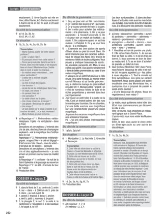 Corrigés Cahier d’activités
252
exactement. 5. Anne-Sophie est née en
hiver, début février, le 3 février exactement
6. Karim est né en été, ﬁn août, le 28 août
exactement.
Du côté de la communication
7 a) 1d, 2a, 3b, 4c
b) a3, b4, c1, d2
En situation
8 1b, 2c, 3c, 4c, 5a, 6b, 7b, 8a
Transcription
– Marie Dubosq, quelle est votre saison
préférée ?
– L’été ! J’adore l’été !
– Et pourquoi aimez-vous cette saison ?
– Parce que je suis née dans le sud de la
France. Dans ma ville natale, il fait toujours
beau et chaud ! Maintenant que j’habite
dans le nord, le soleil me manque…
– En relation avec cette saison… une
odeur particulière ?
– L’odeur de la lavande coupée.
– Un bruit ?
– La mer, le bruit des vagues.
– Une émotion ?
– La joie de voir les enfants jouer dans l’eau.
– Un objet, une chose ?
– Un parasol, bien sûr !
– Une sensation ?
– Le sable chaud sur la peau.
– Une chose à boire ou à manger ?
– Les glaces ! Beaucoup de glaces !
– Une image ?
– Je suis assise sur la plage, j’assiste à un
coucher de soleil… et je suis heureuse !
– Marie Dubosq, je vous remercie.
9 a) Reportage n° 1. Phénomènes météo-
rologiques : Il gèle – le vent glacial – dans
le froid
Sensations et perceptions : j’entends des
cris de joie, des bouchons de champagne
explosent – voir le magniﬁque feu d’artiﬁce
dans le ciel
Reportage n° 2. Phénomènes météorolo-
giques :orages d’hier – le ciel est dégagé –
il fait encore très chaud – sous le soleil –
il fait plus de 39 degrés – canicule
Sensations et perceptions : j’entends des
cris et des applaudissements – je vois
arriver un premier coureur suivi du maillot
jaune
b) Reportage n° 1 : en hiver – la nuit de la
Saint-Sylvestre et le passage au nouvel an
Reportage n° 2 : en été – l’arrivée du tour
de France
10 Production libre.
DOSSIER 6 • Leçon 2
Du côté du lexique
1 1. dans le Nord de 2. au centre de 3. entre
4. sur – dans – à 300 km de 5. près de
6. dans – au sud-ouest de
2 1. grand 2. tropical 3. beau 4. ancien
a. vert b. petit c. nouveau d. bruyant
3 1. la plongée 2. le surf 3. la voile 4. la
randonnée 5. l’équitation 6. le ski nautique
7. le kayak 8. le VTT
Du côté de la grammaire
4 1. On y va pour voir un ﬁlm : au cinéma.
2.On y admire des œuvres d’art :au musée.
3. On y va pour prendre le train : à la gare.
4. On y entre pour acheter des médica-
ments : à la pharmacie. 5. On y va pour
apprendre : à l’école/l’université. 6. On
y va pour voir un match de football : au
stade. 7. On y séjourne quand on est très
malade : à l’hôpital. 8. On y va pour faire
du ski : à la montagne.
5 1. Chamonix est une station de sports
d’hiver située au pied du mont Blanc. On
aime Chamonix pour son caractère authen-
tique de village des Alpes. On y trouve de
nombreux hôtels de toutes catégories.Vous
pouvez y pratiquer beaucoup de sports :
ski, escalade, parapente, etc. Mais, si vous
n’êtes pas sportif,vous pouvez simplement
y faire de belles promenades au cœur d’une
nature magniﬁque.
2.Monaco est un petit État situé sur la Côte
d’Azur.On y parle français.Le monde entier
connaît Monaco et sa famille princière :
on y a célébré le mariage du prince Albert
en juillet 2011. Monaco attire l’argent : on
y voit de nombreux hôtels de luxe et de
riches propriétaires y viennent dans leur
yacht personnel.
6 J’ai trouvé un petit hôtel à la sortie de la
ville. C’est un endroit calme, loin des rues
bruyantes pour touristes. De ma chambre,
j’ai une belle vue/une vue magnifique
sur une grande/belle plage/une plage
magniﬁque.
Je passe des vacances magniﬁques dans
une ambiance tropicale.
PS : J’ai pris des photos intéressantes/
magniﬁques !
Du côté de la communication
7 1a/b/e, 2a/c/e/f
En situation
8 1. Montpellier 2. La Rochelle 3. Grenoble
4. Besançon
Transcription
1. Cette ville est située dans le sud de la
France, à l’ouest de Marseille et à l’est de
Toulouse. La mer Méditerranée est à 20 km.
2. Cette ville se trouve sur la côte
Atlantique, au sud de la Vendée, en face
de deux petites îles.
3. Cette ville est située dans les Alpes,
dans le sud-est de la France. Elle se
trouve entre les départements des
Hautes-Alpes et de la Drôme.
4. Cette ville se trouve dans l’est de la
France, à côté de la Suisse et à l’est de Dijon.
9 1d, 2e, 3a, 4c, 5g, 6f, 7b
10 Production libre.
DOSSIER 6 • Leçon 3
Du côté du lexique
1 À l’extérieur : 1, 7, 8
À l’intérieur : 2, 3, 4
Les deux sont possibles : 5 (dans des bou-
tiques d’antiquités mais aussi au marché du
Jeudeballe),6(auCentredelaBDetdansles
rues,à la découverte des peintures murales)
Du côté de la grammaire
2 a) irons – découvrirez – permettra – auront
b) partirons – permettra – admirerez –
resterez – promènerez – visiteront
3 voyagerons – devront – durera – nous
arrêterons – permettra – auront – arrive-
rons – irons – J’enverrai
4 1.Vous êtes en train de prendre une photo.
2. Elle est en train d’écrire. 3. Je suis en
train de faire du vélo. 4. Il est en train de
dormir. 5. Nous sommes en train de dîner
au restaurant. 6. Tu es en train d’acheter/
de prendre un billet de train.
5 Quel bonheur, Montréal, l’été ! Avec Pierre,
nous faisons beaucoup de vélo et de rol-
ler (ici les gens appellent ça « les patins
à roues alignées » !). Tout le monde est
très sympathique. Les gens se parlent
facilement. Nous avons passé une soirée
inoubliable avec des Montréalais hier, et
quelqu’un nous a proposé de passer le
week-end à Québec !
J’ai pris beaucoup de photos. Nous les
regarderons à mon retour ?
Du côté de la communication
6 Le matin, nous quitterons notre hôtel très
tôt et nous commencerons par découvrir
la ville à vélo.
Vers 13 heures, nous choisirons un restau-
rant typique sur la Grand-Place.
L’après-midi, nous irons visiter les Musées
royaux.
Enﬁn, le soir, vous aurez le choix entre
un dîner-spectacle ou une soirée en
discothèque.
En situation
7 1a, 2b, 3a, 4b, 5c
Transcription
Bonjour à tous. Escapades vous emmène
cette semaine en Belgique. À l’heure des
trains à grande vitesse, les Européens
peuvent se rendre à Bruxelles en un temps
record : l’Eurostar met Bruxelles à 2 heures
environ de Londres et le Thalys permet de
faire Paris-Bruxelles en 1 h 30 et Bruxelles-
Cologne ou Bruxelles-Amsterdam en 1 h 50.
Mais savez-vous que, en 1835, la Belgique
a été le premier pays européen à construire
un réseau de voies ferrées régional ? C’est
pour cette raison que, de nos jours, il est
possible de se rendre facilement en train
dans de nombreuses villes belges.Vous
pouvez voyager de Bruxelles à Anvers
en moins d’une heure, de Bruges à Gand
en 30 minutes et de Gand à Anvers en
50 minutes. Les vélos, vous le verrez, sont
autorisés à bord des trains à condition
d’acheter un billet spécial vélo mais les trains
ne disposent pas tous d’espaces réservés
aux vélos : il faut alors prendre contact avec
le contrôleur. À présent, sans attendre, je
vous invite à regarder notre reportage réalisé
dans plusieurs gares de Belgique.
P001-256-9782011558162.indb 252P001-256-9782011558162.indb 252 30/07/12 12:1230/07/12 12:12
 