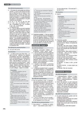 Corrigés Cahier d’activités
254
Du côté de la grammaire
2 1.On envoie une carte postale aux amis/aux
parents. 2. J’écris à mon père/à ma mère
pour sa fête/et je fais un cadeau à mon
père/à ma mère. 3. Je dis « je t’aime » à la
personne que j’aime.4.On offre surtout des
jouets aux enfants. 5. La police demande
ses papiers à un(e) passant(e). 6. On parle
lentement aux étrangers.
3 lui – lui – l’ – le – les – la – les – lui – leur
4 a) 1. que – qui – un médecin 2. qui –
que – un garagiste 3. qui – qu’ – un acteur
4. qui – qui – un journaliste
b) Production libre.
5 a) 1. C’est un objet qui est très important
pour l’hygiène et que j’utilise pour me laver
les dents. – une brosse à dents 2. C’est un
objet qu’on trouve dans toutes les salles
de bains et qui sert à se regarder. – un
miroir/une glace 3.C’est un objet qui est en
coton et qu’on met autour du corps après la
douche.– une serviette de toilette/de bain 4.
C’est un objet qui est en métal et qui permet
de faire cuire des aliments.– une casserole
5. C’est un objet qui sert à boire du café ou
du thé et qu’on pose sur la table.– une tasse
b) Production libre.
Du côté de la communication
6 1b, 2a, 3f, 4d, 5c, 6e
En situation
7 1. un billet d’avion (pour New York) – un
père à son ﬁls – obtention d’un diplôme
(d’architecte) 2.des roses – des étudiants –
ﬁn de l’année scolaire 3. un chèque culture
(pour une sortie de théâtre) – une ﬁlle à sa
mère – fête des Mères 4. une bague – un
jeune homme à sa future femme – avant
leur mariage (aux ﬁançailles) 5. un sac de
voyage – plusieurs personnes à leur amie –
anniversaire 6. un vélo – des collègues à
un autre collègue – départ à la retraite
Transcription
1. – Félicitations, Matthieu, pour ton
diplôme d’architecte !
– Merci, papa, je suis content, tu sais !
– Oui, moi aussi, c’est vraiment une
bonne nouvelle ! Et je t’ai réservé une
petite surprise, tiens !
– Un billet d’avion pour... New York !
– Comme ça tu pourras aller voir ta sœur
là-bas.
– Oh ! C’est vraiment super ! Merci, papa,
merci !
2. – Voilà, madame, c’est de la part de
tous les étudiants. On vous remercie pour
la qualité de vos cours.
– Oh ! Les belles roses ! Vous êtes
adorables, je suis vraiment touchée.
3. – Bonne fête maman ! Tiens, c’est pour
toi !
– Mais qu’est-ce que c’est ? Oh ! Un
chèque culture pour une sortie au
théâtre ! C’est une très bonne idée !
– Et comme ça, tu pourras choisir la pièce
que tu préfères !
– Oui, c’est bien ! Merci, vraiment, ça me
fait très plaisir !
…/…
…/…
4. – Ouvre les yeux maintenant ! Regarde,
c’est pour toi !
– Oh ! Une bague, elle est splendide ! Oh !
Merci, merci !
– Rien n’est trop beau pour ma future
femme.
5. – Un, deux, trois… Bon anniversaire
Carole ! Tiens, c’est un cadeau de nous tous.
– Oh ! Un sac de voyage ! Et en cuir, quel
magniﬁque cadeau, c’est trop !
6. – Monsieur Legrand, nous allons
vraiment vous regretter, alors, au nom
de tous les collègues, je voudrais vous
remettre ce cadeau d’adieu.
– Oh ! Un vélo ! Ça, c’est une surprise !
Écoutez, je ne sais pas comment vous
remercier, mes chers amis !
8 Productions possibles : 1.C’est une machine
à écrire qui permet d’écrire en hiéroglyphes
et que les Égyptiens utilisent. 2. C’est un
sac qu’on utilise pour transporter un chat/
qui permet de transporter un chat 3. C’est
un jeu (un puzzle) qui est très simple et
qu’on peut offrir à un enfant d’un an.
DOSSIER 8 • Leçon 1
Du côté du lexique
1 l’intégrale – commander – l’édition – prix –
la réduction – roman – poche – rayon
2 1. chez le marchand de fruits et légumes
2. à la pharmacie, chez le pharmacien 3.
à la boucherie, chez le boucher 4. chez le
ﬂeuriste 5. à la crémerie, chez le crémier
6. à la boulangerie, chez le boulanger/à la
pâtisserie, chez le pâtissier 7. à la pois-
sonnerie, chez le poissonnier 8. à la bou-
langerie, chez le boulanger
3 1. surgelé 2. bien mûres 3. parfumées
4. bien cuite 5. pas mûrs 6. pas trop cuite
7. sucrés
4 1.un litre/une bouteille d’huile 2.un paquet/
une boîte de bonbons 3. un kilo/500 g de
beurre 4. une tranche de jambon 5. un
morceau/un kilo/500 g de fromage 6. une
botte de radis 7. un tube/un pot de mayon-
naise 8. un pot de moutarde 9. 500 g/une
barquette de fraises
Du côté de la grammaire
5 Pour six personnes, il faut : 12 abricots ;
mais pour douze personnes il en faut 24. –
50 grammes de beurre ; mais pour douze
personnes, il en faut 100 grammes. –
une cuillère à soupe de sucre vanillé ;
mais pour douze personnes, il en faut
2 cuillères. – 2 œufs ; mais pour douze
personnes, il en faut 4. – 75 grammes
de sucre ; mais pour douze personnes, il
en faut 150 grammes. – 15 centilitres de
crème ; mais pour douze personnes, il en
faut 30 centilitres.
6 1. y en a 2. j’en mets 3. en a 4. en avez –
n’en avons 5. en a 6. j’en ai 7. n’en avons
8. j’en voudrais 9. en a 10 en ont
Du côté de la communication
7 Vous désirez ? – Combien en voulez-
vous ? – Vous désirez autre chose ? –
Je n’en ai plus du tout. – Et ce sera tout ? –
Ça fait 9,10 €.
En situation
8 ticket C
Transcription
– Vous désirez ?
– Je voudrais des pommes, s’il vous plaît.
– Combien en voulez-vous ?
– J’en prends 1 kilo.
– Et avec ça ?
– Donnez-moi deux avocats bien mûrs,
s’il vous plaît.
– Je n’en ai plus du tout.
– Bon, alors je prendrai une belle botte
de radis.
– Vous désirez autre chose ?
– Donnez-moi aussi 1 kilo de tomates et
2 kilos de pommes de terre.
– Ce sera tout ?
– Oui, je vous dois combien ?
– Ça fait…
9 Production possible :
Le ﬂeuriste :Bonjour,on s’occupe de vous ?
Le jeune homme : Bonjour. Je voudrais des
roses rouges.
Le ﬂeuriste : Des roses rouges ? Désolé,
je n’en ai plus du tout, j’ai tout vendu mais
je peux vous proposer des roses blanches,
si vous voulez.
Le jeune homme : Elles coûtent combien ?
Le fleuriste : 1,80 € la rose, regardez
comme elles sont belles !
Le jeune homme : Oui, c’est vrai, eh bien,
je vais en prendre une douzaine.
Le ﬂeuriste : Vous désirez autre chose ?
Le jeune homme : Non, c’est tout. Je vous
dois combien ?
Le ﬂeuriste : 12 roses à 1,80 €, ça fait
21,60 €.
Le jeune homme : Je peux payer par
chèque ?
Le ﬂeuriste : Bien sûr, monsieur.
DOSSIER 8 • Leçon 2
Du côté du lexique
1 1. délicieuse/bonne – efﬁcace ! 2. désa-
gréable – bonne 3. petits – originale/
bonne 4. original/exceptionnel – copieux
5. nouvelle – froid
2 Venez vite découvrir ce petit restaurant
au cœur de Lyon. La salle est belle et
l’ambiance y est très sympathique. Côté
cuisine : trois menus avec entrée, plat et
dessert à 15, 20 et 30 €, service compris.
Ouvert toute la semaine.
Fermé le dimanche soir.
Réservation conseillée.
Du côté de la grammaire
3 Ce petit restaurant de quartier vient de
changer de propriétaire.
Le nouveau chef vous propose une cuisine
classique/simple à petits prix.
Vous apprécierez aussi le décor classique/
simple mais de bon goût, et les vins de
grande qualité.
Félicitations pour cette belle réussite !
P001-256-9782011558162.indb 254P001-256-9782011558162.indb 254 30/07/12 12:1230/07/12 12:12
 