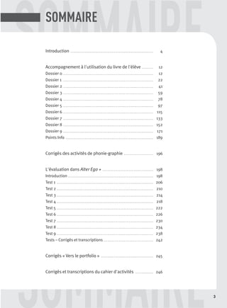 SOMMAIRE
SOMMAIRESOMMAIRE
3
Introduction .. .. .. .. ......................................................... 4
Accompagnement à l'utilisation du livre de l'élève ......... 12
Dossier 0 .. .. .. .. .. .. .. ......................................................... 12
Dossier 1 .. .. .. .. .. .. .. ......................................................... 22
Dossier 2 .. .. .. .. .. .. .. ......................................................... 41
Dossier 3 .. .. .. .. .. .. .. ......................................................... 59
Dossier 4 .. .. .. .. .. .. .. ......................................................... 78
Dossier 5 .. .. .. .. .. .. .. ......................................................... 97
Dossier 6 .. .. .. .. .. .. .. ......................................................... 115
Dossier 7 .. .. .. .. .. .. .. ......................................................... 133
Dossier 8 .. .. .. .. .. .. .. ......................................................... 152
Dossier 9 .. .. .. .. .. .. .. ......................................................... 171
Points Info . .. .. .. .. .. .......................................................... 189
Corrigés des activités de phonie-graphie ....................... 196
L'évaluation dans Alter Ego + ........................................ 198
Introduction .. .. .. .. .. ......................................................... 198
Test 1 . .. .. .. .. .. .. .. .. .. ......................................................... 206
Test 2 . .. .. .. .. .. .. .. .. .. ......................................................... 210
Test 3 . .. .. .. .. .. .. .. .. .. ......................................................... 214
Test 4 . .. .. .. .. .. .. .. .. .. ......................................................... 218
Test 5 . .. .. .. .. .. .. .. .. .. ......................................................... 222
Test 6 . .. .. .. .. .. .. .. .. .. ......................................................... 226
Test 7 . .. .. .. .. .. .. .. .. .. ......................................................... 230
Test 8 . .. .. .. .. .. .. .. .. .. ......................................................... 234
Test 9 . .. .. .. .. .. .. .. .. .. ......................................................... 238
Tests – Corrigés et transcriptions ....................................... 242
Corrigés « Vers le portfolio » ......................................... 245
Corrigés et transcriptions du cahier d'activités .............. 246
P001-256-9782011558162.indb 3P001-256-9782011558162.indb 3 30/07/12 12:1030/07/12 12:10
 