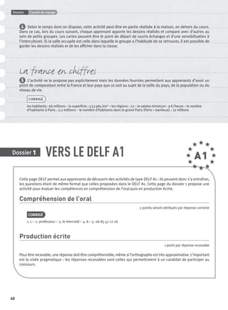 Dossier 1
A1
1 Carnet de voyage
40
Dossier
VERS LE DELF A1
Cette page DELF permet aux apprenants de découvrir des activités de type DELF A1 : ils peuvent donc s’y entraîner,
les questions étant de même format que celles proposées dans le DELF A1. Cette page du dossier 1 propose une
activité pour évaluer les compétences en compréhension de l’oral puis en production écrite.
Compréhension de l’oral
2 points seront attribués par réponse correcte
CORRIGÉ
1. c – 2. professeur – 3. le mercredi – 4. b – 5. 06 85 47 12 26
Production écrite
1 point par réponse recevable
Pour être recevable, une réponse doit être compréhensible, même si l’orthographe est très approximative. L’important
est la visée pragmatique : les réponses recevables sont celles qui permettraient à un candidat de participer au
concours.
4 Selon le temps dont on dispose, cette activité peut être en partie réalisée à la maison, en dehors du cours.
Dans ce cas, lors du cours suivant, chaque apprenant apporte les dessins réalisés et compare avec d’autres au
sein de petits groupes. Les cartes peuvent être le point de départ de courts échanges et d’une sensibilisation à
l’interculturel. Si la salle occupée est celle dans laquelle le groupe a l’habitude de se retrouver, il est possible de
garder les dessins réalisés et de les afﬁcher dans la classe.
La france en chiffres
5 L’activité ne le propose pas explicitement mais les données fournies permettent aux apprenants d’avoir un
point de comparaison entre la France et leur pays que ce soit au sujet de la taille du pays, de la population ou du
niveau de vie.
CORRIGÉ
les habitants : 66 millions – la superﬁcie : 533 965 km2 – les régions : 22 – le salaire minimum : 9 €/heure – le nombre
d’habitants à Paris : 2,2 millions – le nombre d’habitants dans le grand Paris (Paris + banlieue) : 12 millions
P001-256-9782011558162.indb 40P001-256-9782011558162.indb 40 30/07/12 12:1030/07/12 12:10
 