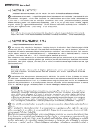 Dossier 3 Leçon 2 Solo ou duo ?
66
> OBJECTIF DE L’ACTIVITÉ 1
Identiﬁer l’événement annoncé sur une afﬁche : une soirée de rencontres entre célibataires.
1 Faire identiﬁer le document : il s’agit d’une afﬁche annonçant une soirée de célibataires. Faire observer le cœur
au milieu avec l’inscription « Trouvez votre Valentin(e) » et faire le lien avec la date de la soirée : le 12 février, soit
2 jours avant la Saint-Valentin, fête des amoureux. Trouver le but de la soirée : faire des rencontres (et peut-être
tomber amoureux, fêter la Saint-Valentin avec la personne). Quant au lieu, il s’agit des Galeries Lafayette, un grand
magasin parisien qui organise des événements à certains moments de l’année. Pour mieux faire comprendre la
situation, faire repérer le terme « speed-dating » en bas de document.
CORRIGÉ
Date : 12 février (deux jours avant la Saint-Valentin) – Lieu : Galeries Lafayette (magasin du boulevard Haussmann) –
Objectif de la soirée : susciter des rencontres entre célibataires : « Soirée des célibataires », « Trouvez votre Valentin(e) »
> OBJECTIF DES ACTIVITÉS 2, 3 ET 4
Comprendre des annonces de rencontres.
2 Tout d’abord, faire identiﬁer les documents : il s’agit d’annonces de rencontres. Faire faire le lien avec l’afﬁche
annonçant la soirée des célibataires puis faire observer le dessin page 67 : on y voit le panneau d’afﬁchage sur
lequel sont afﬁchées les annonces ; des personnes seules les consultent ; des couples discutent. Faire observer
de plus près les annonces aﬁn d’identiﬁer leur matrice : il y a deux parties. Dans la première (« MOI »), l’auteur se
présente ; dans la seconde (« LUI/ ELLE »), il décrit le type de personne recherchée.
Faire effectuer l’activité par deux. Lors de la mise en commun en grand groupe, faire observer de plus près la matrice
du document : identité de la personne (prénom, âge, numéro de portable, caractéristiques physiques), informations
personnelles (description physique, caractère, goûts et loisirs), caractéristiques de la personne recherchée, type
de relation souhaité.
CORRIGÉ
Informations données : prénom, numéro de téléphone (portable car les numéros commencent par 06), âge (ils ont
tous entre 30 et 40 ans), description physique, caractère, profession, goûts et loisirs, type de relation recherchée
(mariage ou autre).
3 Avec cette activité, les apprenants doivent « jouer les marieurs ». Par groupes de deux, ils forment des couples
qui pourraient s’entendre ; ils doivent faire le lien entre les attentes des uns et les caractéristiques des autres pour
voir s’il y a ou non correspondance. Lors de la mise en commun en grand groupe, faire justiﬁer les choix en faisant
apparaître les points communs et les incompatibilités entre les personnes. Vériﬁer la compréhension du lexique
au fur et à mesure ; s’appuyer sur la transparence de certains termes pour les faire expliquer.
CORRIGÉ
Couple 1 : David et Alice parce qu’ils aiment tous les deux les voyages, Alice aime la danse et David est professeur
de salsa. Alice est bien dans son corps et dans sa tête, David voit la vie en rose ; tous les deux recherchent une per-
sonne cultivée, ce qui présuppose qu’ils le sont. Ils recherchent tous les deux une relation « légère », à priori sans
engagement. – Couple 2 : Mélanie et Pietro parce qu’ils aiment tous les deux la musique, il aime les animaux et elle
a deux chats, les deux aiment cuisiner ; Pietro cherche une femme douce et romantique, Mélanie a ces qualités. Ils
recherchent tous les deux une relation sérieuse et durable. Mélanie cherche un homme « grand et mince » mais Pietro
n’est « pas très grand, pas très mince », c’est le seul point sur lequel ils ne semblent pas totalement « compatibles ».
4 Cette activité permet de ﬁnaliser la compréhension des annonces et de préparer l’observation des formes
utilisées.
a) Faire faire l’activité individuellement. Lors de la mise en commun en grand groupe, faire repérer les expressions
utilisées pour parler de ses goûts et de ses centres d’intérêt. On peut à cette occasion passer directement à l’Aide-
mémoire, avant d’effectuer l’activité b).
b) Ici, l’attention des apprenants est focalisée sur les mots utilisés pour caractériser une personne : description physique
(« physiquement ») et caractère (« psychologiquement »). Après la mise en commun en grand groupe, demander aux
apprenants de quel type de mots il s’agit : ce sont des adjectifs qualiﬁcatifs. Pour préparer le Point langue, on peut déjà
leur faire repérer qu’il y a des mots utilisés plusieurs fois mais avec un changement selon qu’il s’agit d’un homme ou
d’une femme : « grand »/« grande », « élégant »/« élégante », « intelligent »/« intelligente », « cultivé »/« cultivée ».
P001-256-9782011558162.indb 66P001-256-9782011558162.indb 66 30/07/12 12:1030/07/12 12:10
 