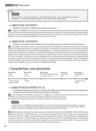 Dossier 3 Leçon 2 Solo ou duo ?
68
CORRIGÉ
Moi, je suis lion. – Toi aussi, tu es artiste ? – Elle aussi, elle est artiste. – Nous, nous allons à la soirée des
célibataires. – Vous aussi, vous aimez voyager ? – Elles, elles vont souvent au cinéma.
> OBJECTIF DE L’ACTIVITÉ 7
Transférer les acquis en rédigeant une annonce de rencontre.
7 Il s’agit ici de rédiger une annonce dont la matrice correspond à celle des annonces de la page 66. La mention
du site rencontres.com permet à tous les apprenants de se sentir concernés : ils peuvent rédiger une annonce pour
rencontrer des amis, des correspondants et pas seulement des « amoureux » comme dans la soirée de la Saint-
Valentin. Ce travail se fait individuellement, en classe ou à la maison.
> OBJECTIF DE L’ACTIVITÉ 8
Transférer les acquis dans des situations de speed-dating ayant pour objectif de faire connaissance.
8 La modalité d’animation de type « speed-dating » permet de multiplier le nombre d’interlocuteurs en un temps
donné : les apprenants doivent se préparer à rencontrer un maximum de personnes en un minimum de temps.
Favoriser les interactions en adaptant l’espace pédagogique : la moitié des apprenants sont assis (et le resteront
durant toute l’activité) en cercle ou en U, une chaise vide est placée en face de chacun. Les autres apprenants s’ins-
tallent sur une chaise le temps de faire connaissance. Au bout de trois minutes, taper dans les mains pour indiquer
la ﬁn de la rencontre ; ils doivent se lever et se déplacer vers la chaise suivante (celle de droite ou de gauche mais
tous dans le même sens) puis ils s’assoient en face d’un nouvel apprenant pour échanger. Circuler discrètement
entre les binômes, noter des extraits de leurs échanges et proposer à la ﬁn de l’activité d’y revenir pour valider et
corriger les éventuelles erreurs, en lien avec les objectifs de la leçon.
> Caractériser une personne
Comprendre
Écrit
Act. 9 et 10
Comprendre
Oral
Act. 11 et 12
Point langue
Le pluriel des adjectifs qualiﬁcatifs
> S’exercer n° 10 et 11
S’exprimer
Écrit / Oral
Act. 13
Comprendre /
S’exprimer Oral
Act. 14
– Couverture d’un livre – Dialogue – Couverture d’un livre
– Enquête sur Internet – Dessin
> OBJECTIF DES ACTIVITÉS 9 ET 10
Comprendre la couverture d’un livre sur le thème des différences hommes/femmes puis une enquête parue
sur Internet qui amène à caractériser les hommes et les femmes.
9 1. Tout d’abord, faire identiﬁer le document : il s’agit de la couverture d’un livre. Faire repérer le titre du livre
et vériﬁer si les apprenants connaissent l’ouvrage, publié dans beaucoup de pays.
2. Faire observer la couverture du livre en détail : illustrations, sous-titre, collection.
CORRIGÉ
2. Thème du livre : les différences de préoccupations, de centres d’intérêt entre les hommes et les femmes (voir les
dessins de ce qui se trouve dans leur tête : voiture, jeu pour l’homme ; bébé, romantisme pour la femme) – Objectif
du livre : comprendre ces différences pour mieux communiquer, mieux vivre ensemble
10 a) Faire observer le document en grand groupe et, à partir de sa forme, le faire identiﬁer. Attirer l’attention des
apprenants sur le titre « Enquête du jour », sur la question posée qui fait le lien avec le livre, sur les cases à cocher
et enﬁn sur le bouton « Valider » qui indique que c’est un document numérique. Faire expliquer les modalités pour
participer à l’enquête : d’abord donner une opinion générale puis cocher les caractéristiques qui correspondent
aux hommes puis aux femmes et enﬁn valider. Rappeler que, comme dans toute enquête, il n’y a pas une seule
réponse possible mais que chacun répond en fonction de son point de vue.
P001-256-9782011558162.indb 68P001-256-9782011558162.indb 68 30/07/12 12:1030/07/12 12:10
 