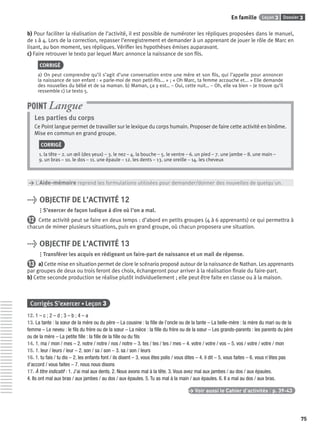 Dossier 3Leçon 3En famille
75
b) Pour faciliter la réalisation de l’activité, il est possible de numéroter les répliques proposées dans le manuel,
de 1 à 4. Lors de la correction, repasser l’enregistrement et demander à un apprenant de jouer le rôle de Marc en
lisant, au bon moment, ses répliques. Vériﬁer les hypothèses émises auparavant.
c) Faire retrouver le texto par lequel Marc annonce la naissance de son ﬁls.
CORRIGÉ
a) On peut comprendre qu’il s’agit d’une conversation entre une mère et son ﬁls, qui l’appelle pour annoncer
la naissance de son enfant : « parle-moi de mon petit-ﬁls... » ; « Oh Marc, ta femme accouche et... » Elle demande
des nouvelles du bébé et de sa maman. b) Maman, ça y est… – Oui, cette nuit… – Oh, elle va bien – Je trouve qu’il
ressemble c) Le texto 5.
Les parties du corps
Ce Point langue permet de travailler sur le lexique du corps humain. Proposer de faire cette activité en binôme.
Mise en commun en grand groupe.
CORRIGÉ
1. la tête – 2. un œil (des yeux) – 3. le nez – 4. la bouche – 5. le ventre – 6. un pied – 7. une jambe – 8. une main –
9. un bras – 10. le dos – 11. une épaule – 12. les dents – 13. une oreille – 14. les cheveux
POINT Langue
> L’Aide-mémoire reprend les formulations utilisées pour demander/donner des nouvelles de quelqu’un.
> OBJECTIF DE L’ACTIVITÉ 12
S’exercer de façon ludique à dire où l’on a mal.
12 Cette activité peut se faire en deux temps : d’abord en petits groupes (4 à 6 apprenants) ce qui permettra à
chacun de mimer plusieurs situations, puis en grand groupe, où chacun proposera une situation.
> OBJECTIF DE L’ACTIVITÉ 13
Transférer les acquis en rédigeant un faire-part de naissance et un mail de réponse.
13 a) Cette mise en situation permet de clore le scénario proposé autour de la naissance de Nathan. Les apprenants
par groupes de deux ou trois feront des choix, échangeront pour arriver à la réalisation ﬁnale du faire-part.
b) Cette seconde production se réalise plutôt individuellement ; elle peut être faite en classe ou à la maison.
Corrigés S’exercer • Leçon 3
12. 1 – c ; 2 – d ; 3 – b ; 4 – a
13. La tante : la sœur de la mère ou du père – La cousine : la ﬁlle de l’oncle ou de la tante – La belle-mère : la mère du mari ou de la
femme – Le neveu : le ﬁls du frère ou de la sœur – La nièce : la ﬁlle du frère ou de la sœur – Les grands-parents : les parents du père
ou de la mère – La petite ﬁlle : la ﬁlle de la ﬁlle ou du ﬁls
14. 1. ma / mon / mes – 2. notre / notre / nos / notre – 3. tes / tes / tes / mes – 4. votre / votre / vos – 5. vos / votre / votre / mon
15. 1. leur / leurs / leur – 2. son / sa / son – 3. sa / son / leurs
16. 1. tu fais / tu dis – 2. les enfants font / ils disent – 3. vous êtes polis / vous dites – 4. il dit – 5. vous faites – 6. vous n’êtes pas
d’accord / vous faites – 7. nous nous disons
17. À titre indicatif : 1. J’ai mal aux dents. 2. Nous avons mal à la tête. 3. Vous avez mal aux jambes / au dos / aux épaules.
4. Ils ont mal aux bras / aux jambes / au dos / aux épaules. 5. Tu as mal à la main / aux épaules. 6. Il a mal au dos / aux bras.
> Voir aussi le Cahier d’activités | p. 39-43
P001-256-9782011558162.indb 75P001-256-9782011558162.indb 75 30/07/12 12:1030/07/12 12:10
 