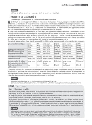 Dossier 4Leçon 1Au ﬁl des heures
81
CORRIGÉ
2. 8 h15 – 3. 19 h 20 – 4. 10 h 50 – 5. 13 h 45 – 6. 0 h 10 – 7. 16 h 35 – 8. 22 h 40
> OBJECTIF DE L’ACTIVITÉ 8
Phonétique : prononciation de l’heure, liaison et enchaînement.
8 a) Il s’agit ici pour l’apprenant d’être en mesure de distinguer, à l’écoute, des prononciations de chiffres
différentes. La distribution de l’adjectif numéral peut varier et entraîner des modiﬁcations de sa prononciation selon
qu’il est prononcé seul (cas 1), suivi d’un mot commençant par une consonne (cas 2) ou suivi d’un mot commençant
par une voyelle ou un « h » muet (cas 3). Faire écouter une série complète du premier chiffre, les apprenants doivent
dire s’ils entendent une prononciation identique ou différente pour les trois cas.
b) Après cette phase d’écoute et de prise de conscience, les apprenants doivent s’entraîner à prononcer. L’activité
suivante doit leur permettre d’envisager les prononciations de tous les cas de ﬁgure. Il est possible de faire cette
activité de deux manières, selon le niveau et la difﬁculté des apprenants : passer chaque série et demander à
quelques apprenants de reproduire à tour de rôle ce qui est dit ou arrêter l’enregistrement après chaque proposition
de chiffre seul et interroger un apprenant qui doit trouver la prononciation des cas 2 et 3.
Consulterletableausuivant:Pourplusdecommodité,leschiffresquiseprononcentdelamêmemanièresontregroupés.
prononciation identique onze [ɔ˜z] onze jours [ɔ˜z ur] onze heures [ɔ˜z r]
quinze [kε˜z] quinze jours [kε˜z ur] quinze heures [kε˜z r]
sept [sεt] sept jours [sεt ur] sept heures [sεt r]
[f] en [v] devant voyelle neuf [n f] neuf jours [n f ur] neuf heures [n v r]
prononciation du [z] de
liaison devant voyelle
trois [trwa] trois jours [trwa ur] trois heures [trwaz r]
deux [dø] deux jours [dø ur] deux heures [døz r]
suppression du [t] ou du [k]
devant consonne
dix-huit [dizɥit] dix-huit jours [dizɥi ur] dix-huit heures [dizɥit r]
vingt-cinq [vε˜tsε˜k] vingt-cinq jours [vε˜tsε˜ ur] vingt-cinq heures [vε˜tsε˜k r]
transformation de [ ˜] en
[yn] devant un nom féminin
vingt et un [vε˜te ˜] vingt et un
jours
[vε˜te ˜ ur] vingt et une
heure
[vε˜teεyn r]
trois prononciations
différentes
six [sis] six jours [si ur] six heures [siz r]
c) La partie suivante de l’activité est un exercice dit de comparaison dirigée. L’apprenant entend un énoncé et doit
reconnaître la version écrite qui correspond à la version sonore entendue. Proposer de faire le premier item en
grand groupe aﬁn de s’assurer que tout le monde a bien compris. Puis le travail est individuel. Avant la correction
collective, les apprenants peuvent comparer leur travail en binômes.
CORRIGÉ
a) Prononciation identique (=) : c, d – Prononciation différente (≠) : a, b, e, f
b)1.Ilestdeuxheures.2.Ilestseptheures.3.Ilesttreizeheures.4.Ilestcinqheures.5.Ilestseizeheures.6.Ilestsixheures.
Les rythmes de la ville
Ce Point culture permet d’observer les jours/horaires d’ouverture et de fermeture indiqués sur les panneaux
de la page 80 et de les comparer à ceux du pays des apprenants.
A. En grand groupe, faire observer les panneaux aﬁn d’identiﬁer les horaires d’ouverture et de fermeture des
magasins et services concernés. Faire observer aussi les jours de fermeture.
B. Proposer aux apprenants d’effectuer l’activité en petits groupes. L’activité sera très riche si la classe réunit
plusieurs nationalités ; dans ce cas, veiller à former des groupes avec des apprenants de diverses origines. Si
le groupe est de même nationalité, effectuer l’activité en grand groupe en faisant appel au vécu et en basant
l’échange sur d’autres différences connues des apprenants, par rapport aux horaires en France (ou d’autres pays).
CORRIGÉ
La boulangerie ouvre tôt et ferme tard (7 h-20 h) ; elle ne ferme pas à l’heure du déjeuner. Elle est fermée le dimanche
après-midi et le lundi. Le pressing ouvre tôt (7 h 30) et ferme à 19 h 30, mais il ferme pour la pause déjeuner (entre
12 h 30 et 15 h). Il est fermé le dimanche et le lundi. La poste pratique la journée en continu (8 h 30-18 h 30) du
lundi au vendredi. Le samedi, elle est ouverte de 8 h 30 à 12 h. Elle est fermée le samedi après-midi et le dimanche.
POINT Cultur
P001-256-9782011558162.indb 81P001-256-9782011558162.indb 81 30/07/12 12:1030/07/12 12:10
 