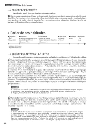 Dossier 4 Leçon 1 Au ﬁl des heures
82
> OBJECTIF DE L’ACTIVITÉ 9
Transférer les acquis dans des situations où on se renseigne.
9 Former des groupes de deux. Chaque binôme choisit la situation en répondant à ces questions : « Qui demande
à qui ? Où ? » Pour faire réinvestir ce qui a été vu dans le Point culture, demander que les horaires indiqués
correspondent à la réalité culturelle française. Après un court moment de préparation, faire jouer la scène par
quelques binômes devant l’ensemble de la classe.
> Parler de ses habitudes
Comprendre
Écrit
Act. 10, 11 et 12
Point langue
Les verbes pronominaux pour parler
des habitudes quotidiennes
> S’exercer n° 3 à 5
Aide-mémoire
– Indiquer les horaires
– Indiquer la succession des actions
> S’exercer n° 6
Point culture
Les Français
et Internet
Phonétique
Act. 13
S’exprimer
Écrit
Act. 14
– Article avec témoignages
– Programme de télévision
> OBJECTIF DES ACTIVITÉS 10, 11 ET 12
Comprendre des témoignages dans un magazine sur les habitudes quotidiennes et l’utilisation des médias.
10 Avant l’activité, faire identiﬁer le document : un article du magazine TVMag. Faire observer le texte et demander
combien il y a de parties : le titre, une introduction et 4 parties ; chacune est le témoignage d’une personne, tou-
jours présentée par son prénom (+ le nom pour le père), sa place dans la famille et son âge. À ce stade, faire faire
des hypothèses sur les relations de ces personnes : c’est une famille. Cette hypothèse sera vériﬁée dans l’étape
suivante, à la lecture de l’introduction.
a) Faire lire le titre et l’introduction (= le chapeau) individuellement puis faire identiﬁer le thème en grand groupe.
Demander aux apprenants ce qu’ils pensent trouver comme type d’informations dans les témoignages : des per-
sonnes qui parlent de leur utilisation d’Internet, de la télévision et de la radio.
b) Faire lire l’article silencieusement pour d’abord faire vériﬁer les hypothèses émises. Les apprenants pourront
alors remarquer que l’on ne parle pas des habitudes de quatre personnes mais de cinq. Dans les témoignages, les
personnes parlent de leurs habitudes, notamment avec la télévision. Demander d’observer les statistiques four-
nies et le schéma sur lequel il est possible de s’appuyer pour expliquer la consigne. L’activité se réalise en petits
groupes de deux.
CORRIGÉ
a) L’article part d’un constat : « Le multimédia occupe une place de plus en plus importante dans la vie des Français. »
Le témoignage d’une famille illustre la réalité suivante : « Les (multi)médias rythment votre journée ! ».
b) Morgane, Nicolas, Nathalie et Maël < 3 h 38 ; Colette > 3 h 38
11 Faire d’abord identiﬁer le document : il s’agit du programme de la chaîne France 2, pour le jeudi 11 mai. Faire
faire l’activité par deux. Lors de la mise en commun, faire justiﬁer les réponses car cela permettra de repérer
les activités liées à la télévision. L’aspect lexical étant important dans cette activité, vériﬁer au fur et à mesure
la compréhension des termes et faire identiﬁer ceux qui sont équivalents (par exemple : les informations = les
actualités = le journal = le 20 heures).
CORRIGÉ
a) Nicolas et Nathalie : Journal (« avec ma femme nous regardons toujours le 20 heures ») + Film Le nom des gens
(« quand il y a un bon ﬁlm, nous regardons la télé ensemble ») / Morgane ne regarde pas la télévision / Maël : Dessin
animé Les Simpson’s + Série Les experts : Miami (« Après l’école, je regarde des dessins animés et des séries à la
télé ») / Colette : Journal Télématin (« D’abord, je regarde les informations ») + Magazine culinaire Julie cuisine (« puis
il y a mon magazine de cuisine préféré ») + Feuilleton Plus belle la vie (« Je regarde mon feuilleton à 14 heures »)
+ Journal (« Le soir je regarde les actualités ») + Film Le nom des gens (« puis je choisis un bon ﬁlm »)
P001-256-9782011558162.indb 82P001-256-9782011558162.indb 82 30/07/12 12:1030/07/12 12:10
 