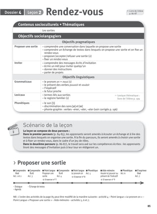 85
Dossier Leçon
2
Scénario de la leçon
La leçon se compose de deux parcours :
Dans le premier parcours (p. 84-85), les apprenants seront amenés à écouter un échange et à lire des
textos dans lesquels on organise une sortie. À la ﬁn du parcours, ils seront amenés à choisir une sortie
et à ﬁxer un rendez-vous, dans le cadre d’un jeu de rôles.
Dans le deuxième parcours (p. 86-87), le travail sera axé sur les compétences écrites : les apprenants
liront des messages d’invitation puis à leur tour en rédigeront un.
4 2 Rendez-vous
Contenus socioculturels • Thématiques
Les sorties
Objectifs sociolangagiers
Objectifs pragmatiques
Proposer une sortie – comprendre une conversation dans laquelle on propose une sortie
– comprendre un échange de textos dans lesquels on propose une sortie et on ﬁxe un
rendez-vous
– proposer/accepter/refuser une sortie (2)
– ﬁxer un rendez-vous
Inviter – comprendre des messages écrits d’invitation
– écrire un mél pour inviter quelqu’un
– donner des instructions
– parler de projets
Objectifs linguistiques
Grammaticaux – le pronom on = nous (1)
– le présent des verbes pouvoir et vouloir
– l’impératif
– le futur proche
Lexicaux – termes liés aux sorties
– le registre familier (1)
, Lexique thématique :
livre de l'élève p. 199
Phonétiques – le son [ɔ˜]
– discrimination des sons [ø] et [ ]
– phonie-graphie : verbes –ener, –eler, –eter (voir corrigés p. 196)
, Livre de l’élève
p. 84-87
> Proposer une sortie
Comprendre
Oral
Act. 1 et 2
Comprendre
Écrit
Act. 3
Point langue
Proposer une
sortie
> S’exercer n° 7
Comprendre
Écrit
Act. 4
Point langue
Le pronom on
> S’exercer n° 8
Phonétique
Act. 5
Aide-mémoire
Vouloir et pouvoir au
présent de l’indicatif
> S’exercer n° 9
Phonétique
Act. 6
S’exprimer
Oral
Act. 7
– Dialogue
– Agenda
– Échange de textos
NB : L’ordre des activités de la page 85 peut être modiﬁé de la manière suivante : activité 4 – Point langue « Le pronom on » –
Point Langue « Proposer une sortie » – Aide-mémoire – activités 5, 6 et 7.
P001-256-9782011558162.indb 85P001-256-9782011558162.indb 85 30/07/12 12:1030/07/12 12:10
 