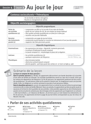 90
Dossier Leçon
3
Scénario de la leçon
La leçon se compose de deux parcours :
Dans le premier parcours (p. 88-89), les apprenants découvriront une bande dessinée où la journée
d’une mère de famille est retracée. Les activités quotidiennes seront au cœur de ce travail, ainsi que
les notions de régularité et de fréquence. En ﬁn de parcours, les apprenants parleront de leurs activi-
tés quotidiennes ; ils préciseront celles qu’ils aiment/n’aiment pas. Ils imagineront aussi une journée
idéale. Enﬁn, ils rédigeront un article racontant la journée d’une personne célèbre.
Dans le deuxième parcours (p. 90-91), les apprenants liront un extrait du journal intime du personnage
central de la BD, la mère de famille (Myriam). Dans ces extraits, ils apprendront qu’elle est partie seule en
vacances et ils liront le récit quotidien de ses activités. Cette première approche du récit d’événements
passés servira ensuite de contexte pour des échanges entre les apprenants qui imagineront un scénario
« côté mari/enfants », en l’absence de Myriam ; ils écriront aussi un mail relatant les événements. En
ﬁn de parcours, les apprenants écriront la page de journal intime correspondant au jour de retour de
Myriam chez elle.
4 3
Contenus socioculturels • Thématiques
Vie de famille et tâches ménagères
Routine et changement de rythme
Objectifs sociolangagiers
Objectifs pragmatiques
Parler de
ses activités
quotidiennes (2)
– comprendre une BD sur la journée d’une mère de famille
– parler de son rythme de vie, de son emploi du temps habituel
– dire quelles activités quotidiennes on aime/on n’aime pas
– raconter une journée habituelle
Raconter
des événements
passés (1)
– comprendre une page de journal intime
– comprendre quand quelqu’un raconte les événements d’une journée passée
– rapporter des faits ponctuels passés
Objectifs linguistiques
Grammaticaux – les expressions de temps : régularité, moments ponctuels
– le présent d’habitude/le passé composé
– le passé composé (1) : morphologie et place de la négation
Lexicaux – les activités quotidiennes (2)
– quelques expressions de fréquence
, Lexique thématique :
livre de l'élève p. 199
Phonétiques – discrimination [ə]/[e]
– distinction présent/passé composé
– phonie-graphie : participe passé des verbes en –er (voir corrigés p. 196)
Au jour le jour , Livre de l’élève
p. 88-91
> Parler de ses activités quotidiennes
Comprendre
Écrit
Act. 1, 2 et 3
Point langue
Exprimer la régularité et la
fréquence
> S’exercer n° 12
Aide-mémoire
Les activités quotidiennes
> S’exercer n° 13
S’exprimer
Oral
Act. 4
S’exprimer
Écrit
Act. 5
– Bande dessinée – Dessins
P001-256-9782011558162.indb 90P001-256-9782011558162.indb 90 30/07/12 12:1030/07/12 12:10
 