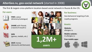 ● Server/client software
● SaaS or on-premises solution
● Flexible licensing model
● All mobile/desktop platforms supported
● Automated coverage update engine
● Adding new servers on the fly
● Excellent coverage around the world, including small towns
A single, versatile, reliable and high-presision
technology to position devices by WiFi, WiMAX, GSM, LTE, IP
addresses, and network environment parameters.
● Hybrid positioning SDK
● Ads geo-targeting
● Indoor navigation
Key technology products
>100 million
unique devices/day
>400 million
requests/day
>135 million
access point database
20-30 m
accuracy in hybrid
0.5-1 km
accuracy in IP
<5 ms
to process 1 request
AlterGeo, Hybrid Positioning System (started in 2008)
 