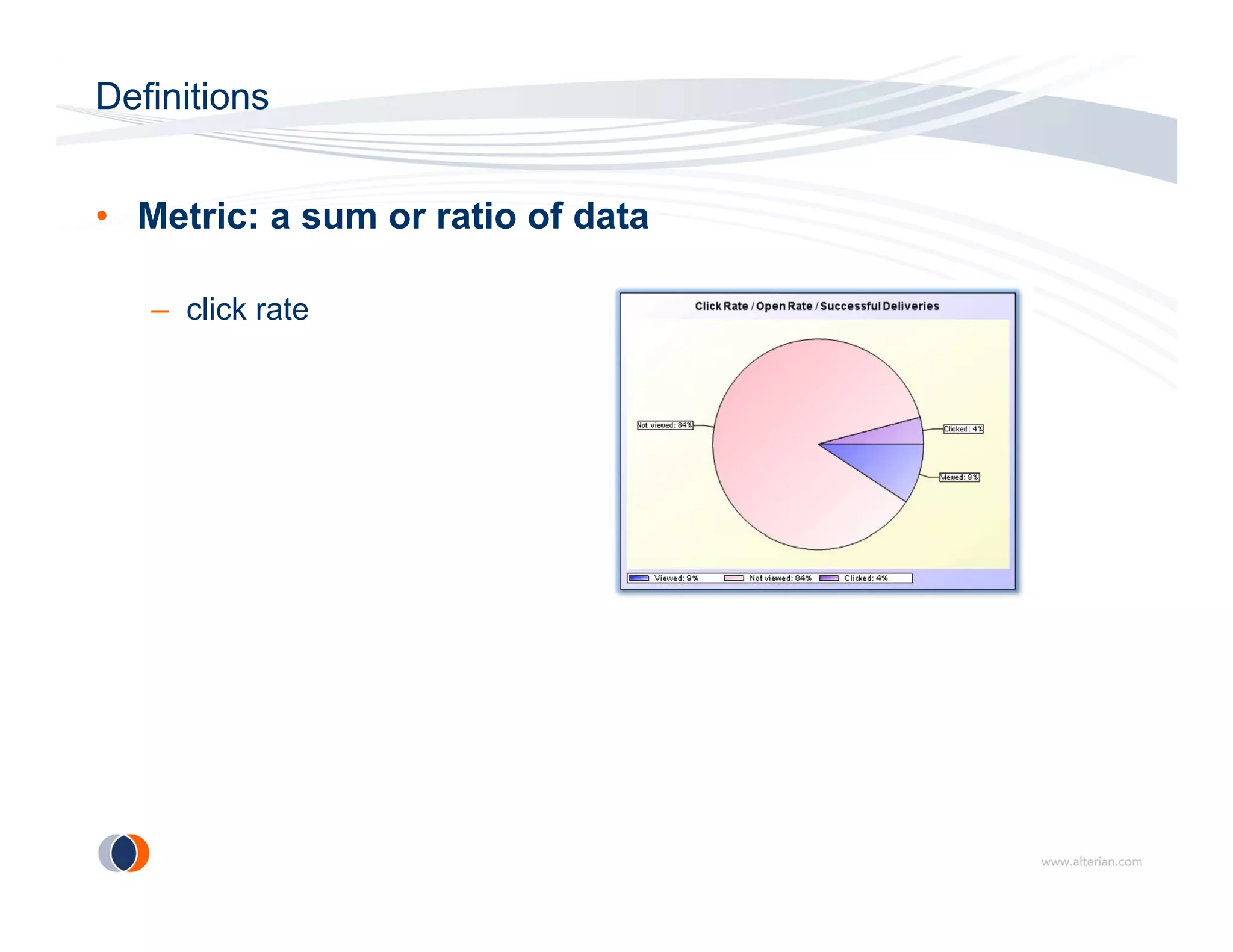 Definitions


• Metric: a sum or ratio of data

   – click rate
 
