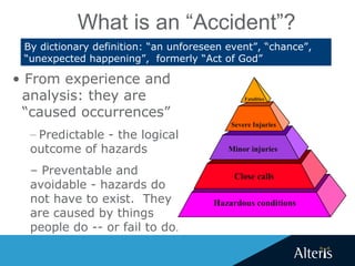 What is an “Accident”?
By dictionary definition: “an unforeseen event”, “chance”,
“unexpected happening”, formerly “Act of God”
Hazardous conditions
Close calls
Minor injuries
Severe Injuries
Fatalities
• From experience and
analysis: they are
“caused occurrences”
– Predictable - the logical
outcome of hazards
– Preventable and
avoidable - hazards do
not have to exist. They
are caused by things
people do -- or fail to do.
 