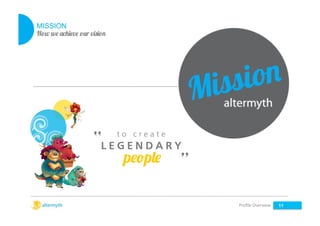 MISSION
How we achieve our vision

“L E G E N D A R Y
people ”
to create

Proﬁle	
  Overview	
  

11

 