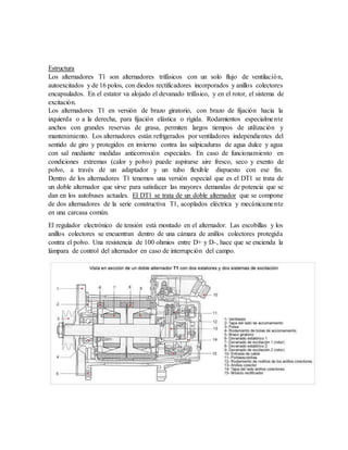 Estructura
Los alternadores T1 son alternadores trifásicos con un solo flujo de ventilación,
autoexcitados y de 16 polos, con diodos rectificadores incorporados y anillos colectores
encapsulados. En el estator va alojado el devanado trifásico, y en el rotor, el sistema de
excitación.
Los alternadores T1 en versión de brazo giratorio, con brazo de fijación hacia la
izquierda o a la derecha, para fijación elástica o rígida. Rodamientos especialmente
anchos con grandes reservas de grasa, permiten largos tiempos de utilización y
mantenimiento. Los alternadores están refrigerados por ventiladores independientes del
sentido de giro y protegidos en invierno contra las salpicaduras de agua dulce y agua
con sal mediante medidas anticorrosión especiales. En caso de funcionamiento en
condiciones extremas (calor y polvo) puede aspirarse aire fresco, seco y exento de
polvo, a través de un adaptador y un tubo flexible dispuesto con ese fin.
Dentro de los alternadores T1 tenemos una versión especial que es el DT1 se trata de
un doble alternador que sirve para satisfacer las mayores demandas de potencia que se
dan en los autobuses actuales. El DT1 se trata de un doble alternador que se compone
de dos alternadores de la serie constructiva T1, acoplados eléctrica y mecánicamente
en una carcasa común.
El regulador electrónico de tensión está montado en el alternador. Las escobillas y los
anillos colectores se encuentran dentro de una cámara de anillos colectores protegida
contra el polvo. Una resistencia de 100 ohmios entre D+ y D-, hace que se encienda la
lámpara de control del alternador en caso de interrupción del campo.
 