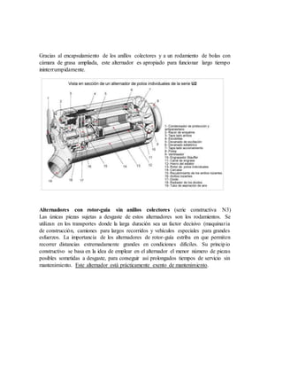 Gracias al encapsulamiento de los anillos colectores y a un rodamiento de bolas con
cámara de grasa ampliada, este alternador es apropiado para funcionar largo tiempo
ininterrumpidamente.
Alternadores con rotor-guia sin anillos colectores (serie constructiva N3)
Las únicas piezas sujetas a desgaste de estos alternadores son los rodamientos. Se
utilizan en los transportes donde la larga duración sea un factor decisivo (maquinaria
de construcción, camiones para largos recorridos y vehículos especiales para grandes
esfuerzos. La importancia de los alternadores de rotor-guía estriba en que permiten
recorrer distancias extremadamente grandes en condiciones difíciles. Su principio
constructivo se basa en la idea de emplear en el alternador el menor número de piezas
posibles sometidas a desgaste, para conseguir así prolongados tiempos de servicio sin
mantenimiento. Este alternador está prácticamente exento de mantenimiento.
 